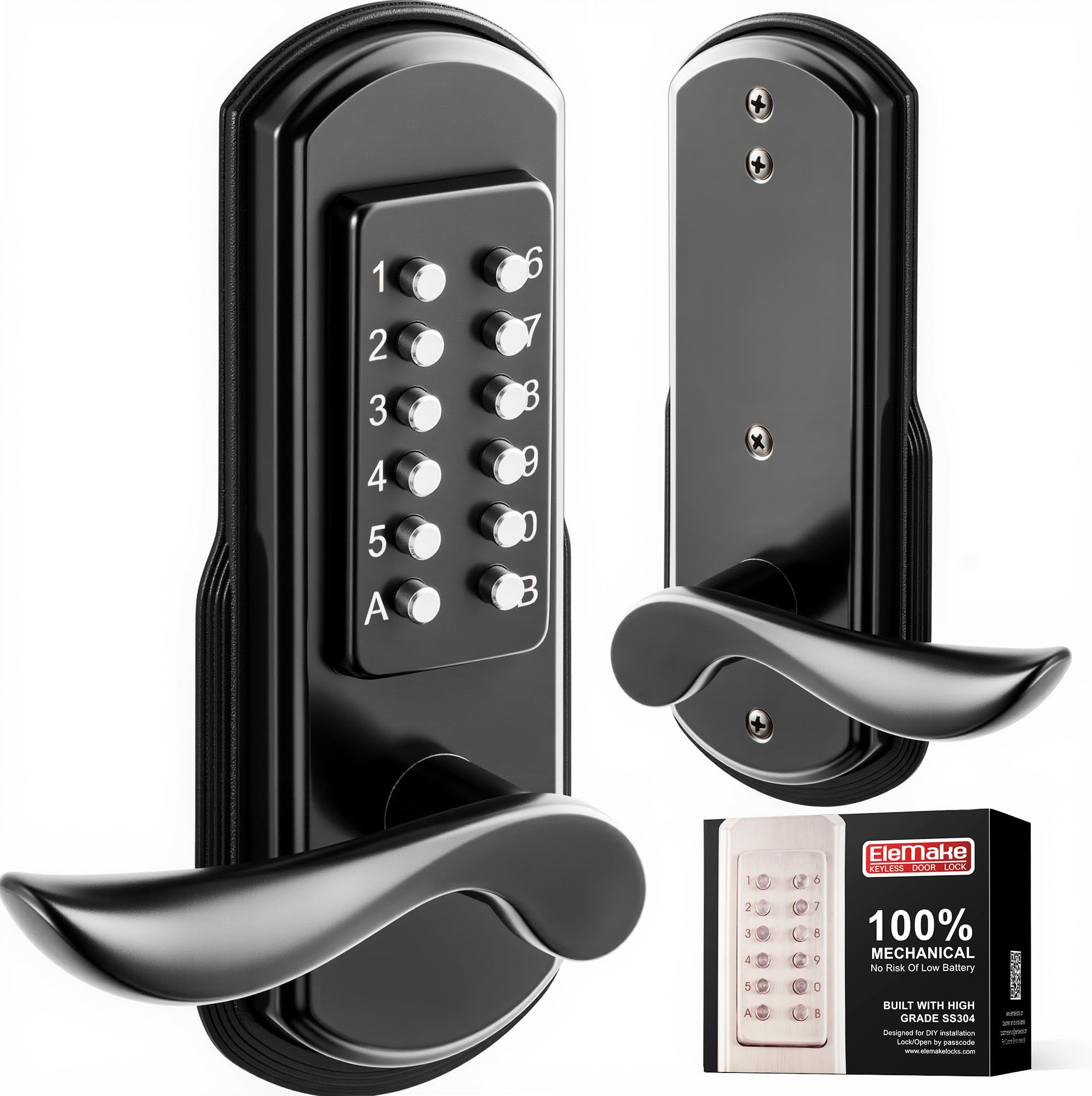 Elemake Mechanical Door Lock with Handle, Left Handed Keyless Entry Door Lock with Keypad, Combination Door Lever Lock - Not Deadbolt