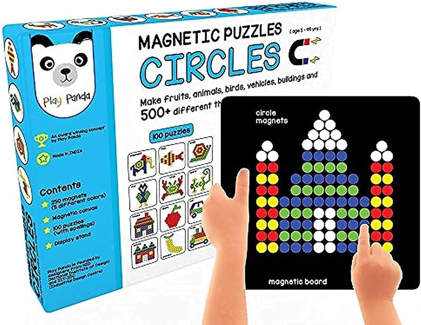 PLAY PANDA Magnetic Puzzles Circles with 250 Magnets, Magnetic Board, Puzzle Book and Display Stand - Blue