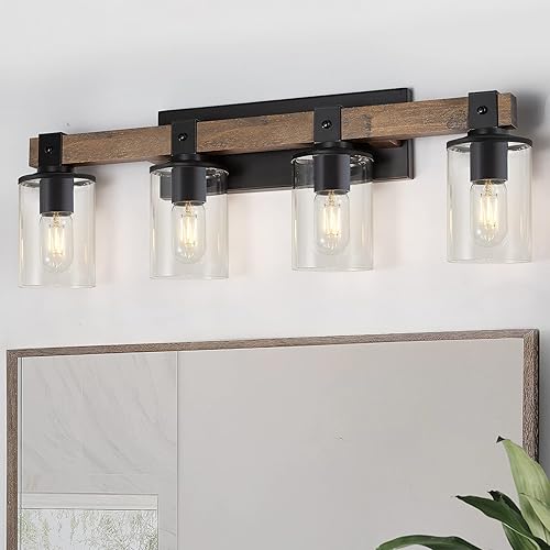 DUJAHMLAND Lámpara de tocador de granja, aplique industrial de madera de 4 luces, iluminación de tocador de baño con pantalla de luces de vidrio