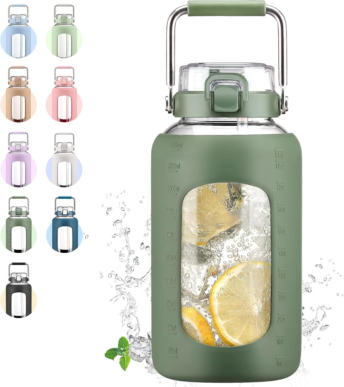 84oz Glass Water Bottle with Stainless Steel Handle,2.5L Gallon Water Bottle with 2-IN-1 Straw Lid, Silicone Sleeve and Motivational Capacity Marker, Wide Mouth Water Jug For Gym, Workout, Olive