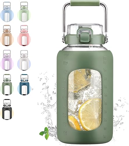 Miniatura 14 de Botella de Agua de Vidrio de 84oz con Mango de Acero Inoxidable, Botella de Agua de 2.5L Galón con Tapa de Pajita 2-EN-1, Funda de Silicona y Azul