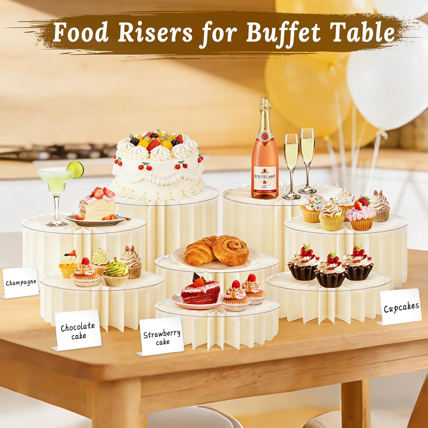 8Pack Buffet Risers Display Stands Foldable Food Risers for Buffet Table Tall Cake Cupcake Stands Cardboard Cylinder Stand Dessert Table Display Set for Catering Jewelry Wedding Party Decor (White)