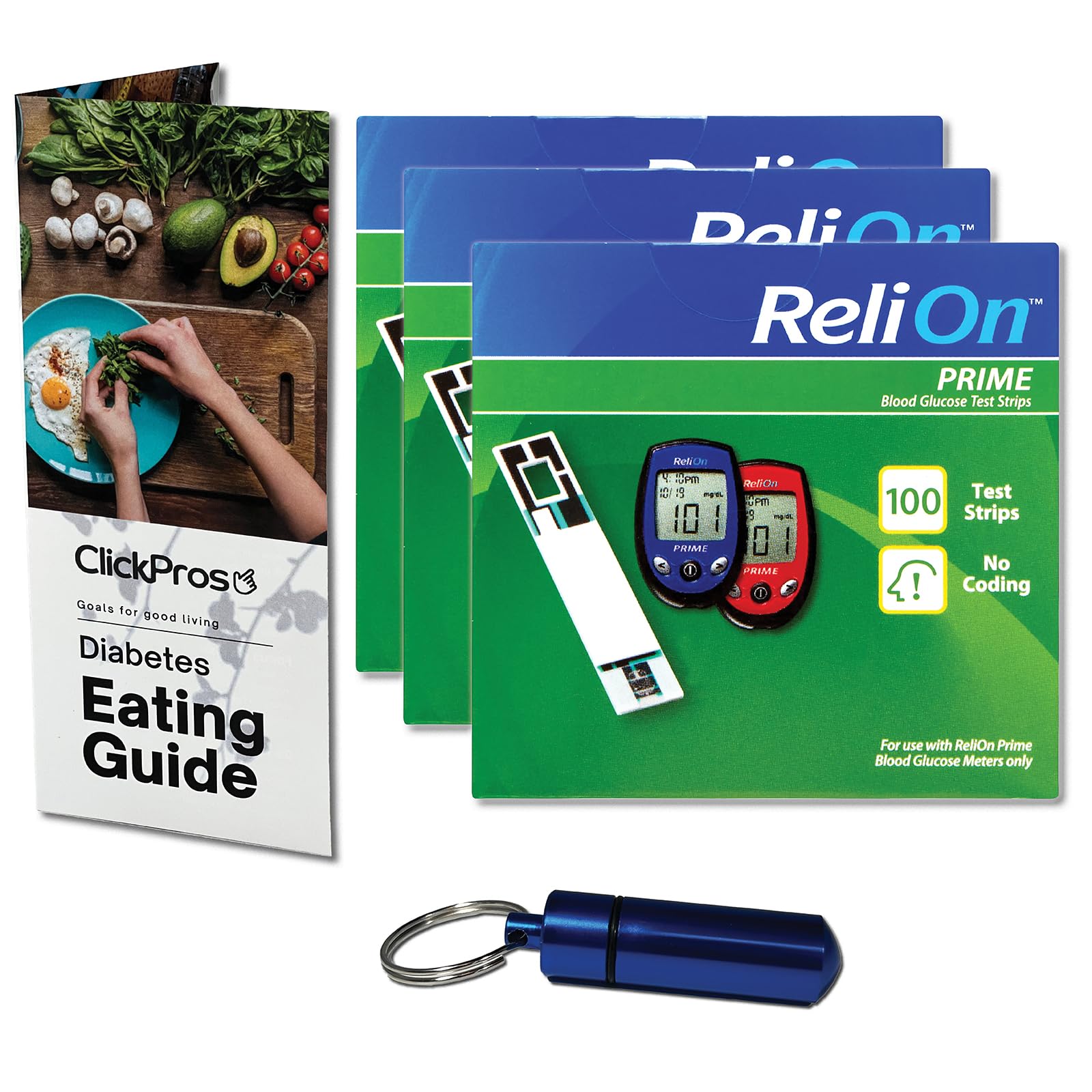 ReliOn Reli On Prime Blood Glucose Test Strips 3 Pack Bundle - 100 Count (300 Total) | Includes Exclusive ClickPros “Diabetes Eating Guide” and Portable Pill Container (5 Items)