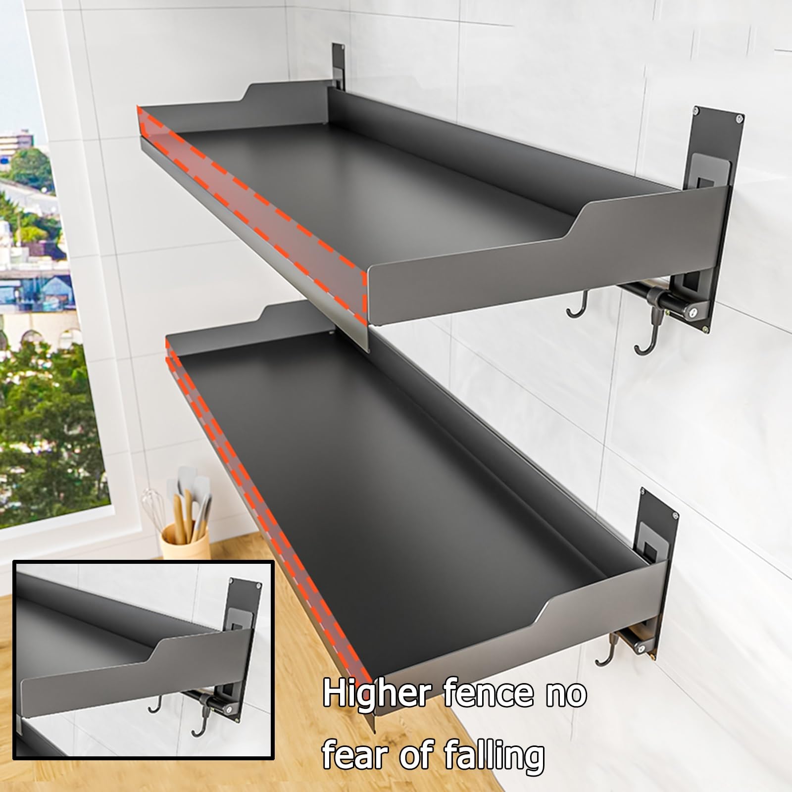 HJXGQJM Soportes para Armario De Cocina De Pared, Soporte para Frascos De Especias para Horno Microondas, con 6 Ganchos, Estante para Guardar Vajilla De Cocina Estante de Microondas(35x70cm)