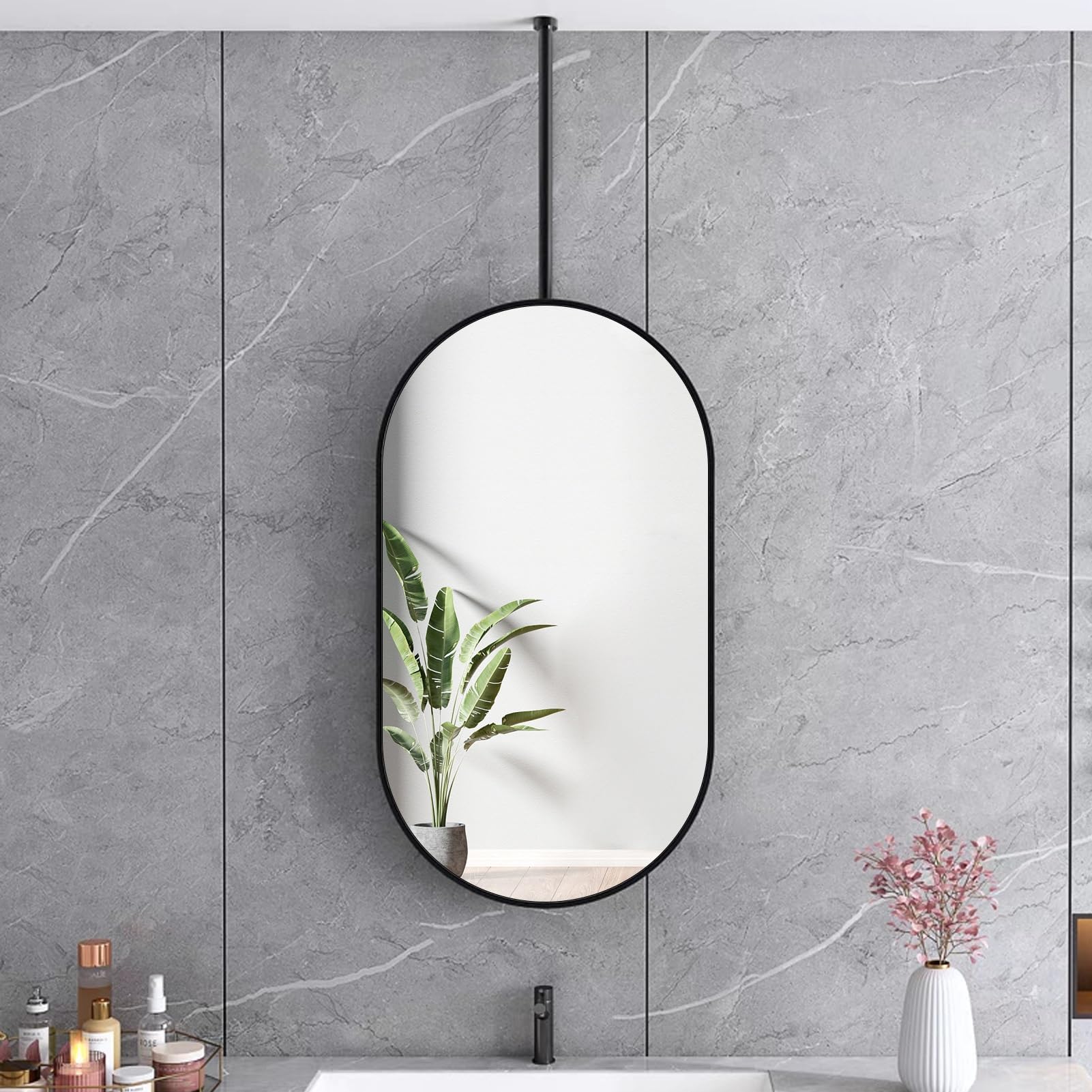 WJFTODAY Oval Wall-Mounted Bathroom Mirror, Floating Makeup Mirror with Metal Frame &, Stylish Decorative Mirror for Vanity - Size: 50cm x 70cm