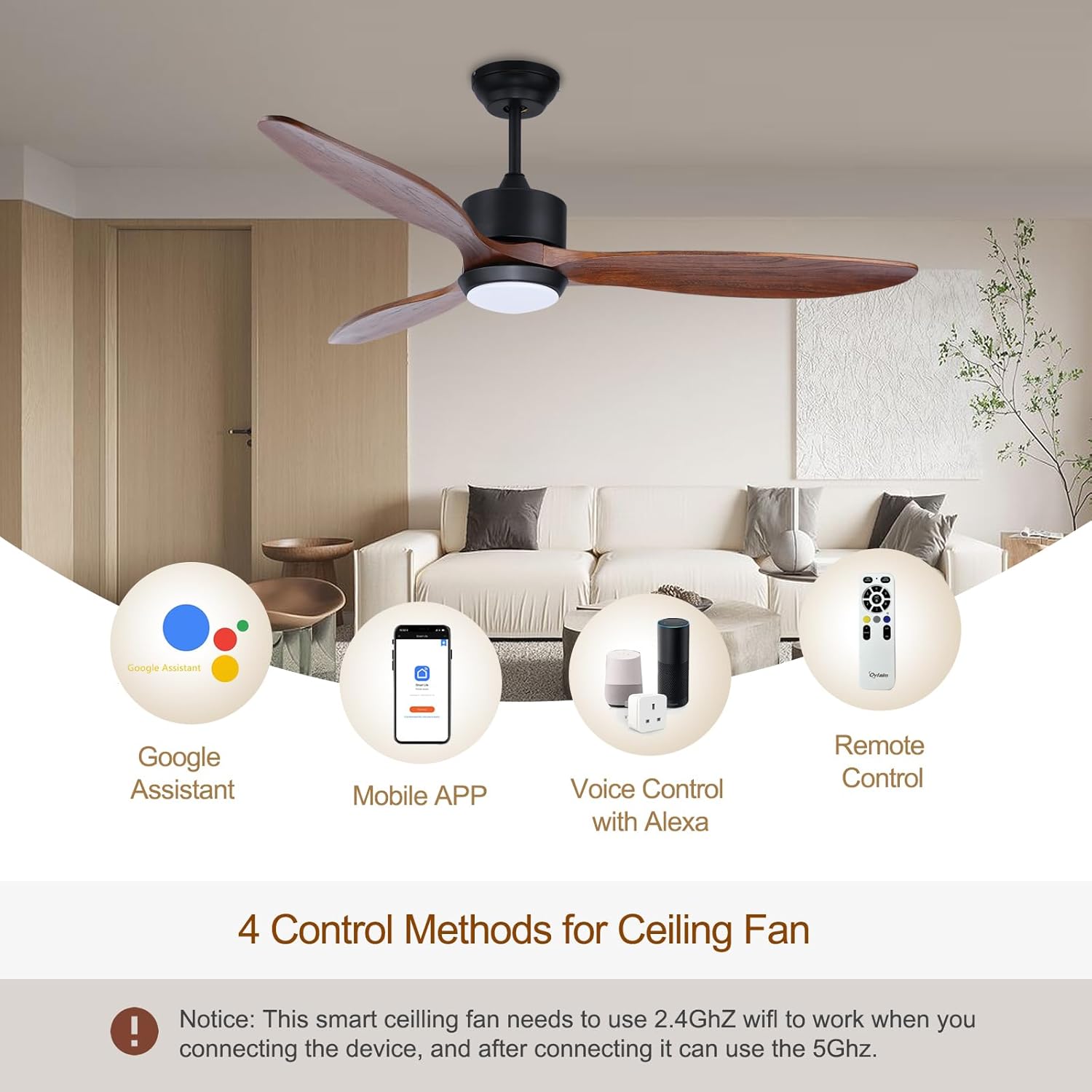 Ovlaim 52-Inch Ceiling Fan Quiet DC Motor and Energy Saving Features