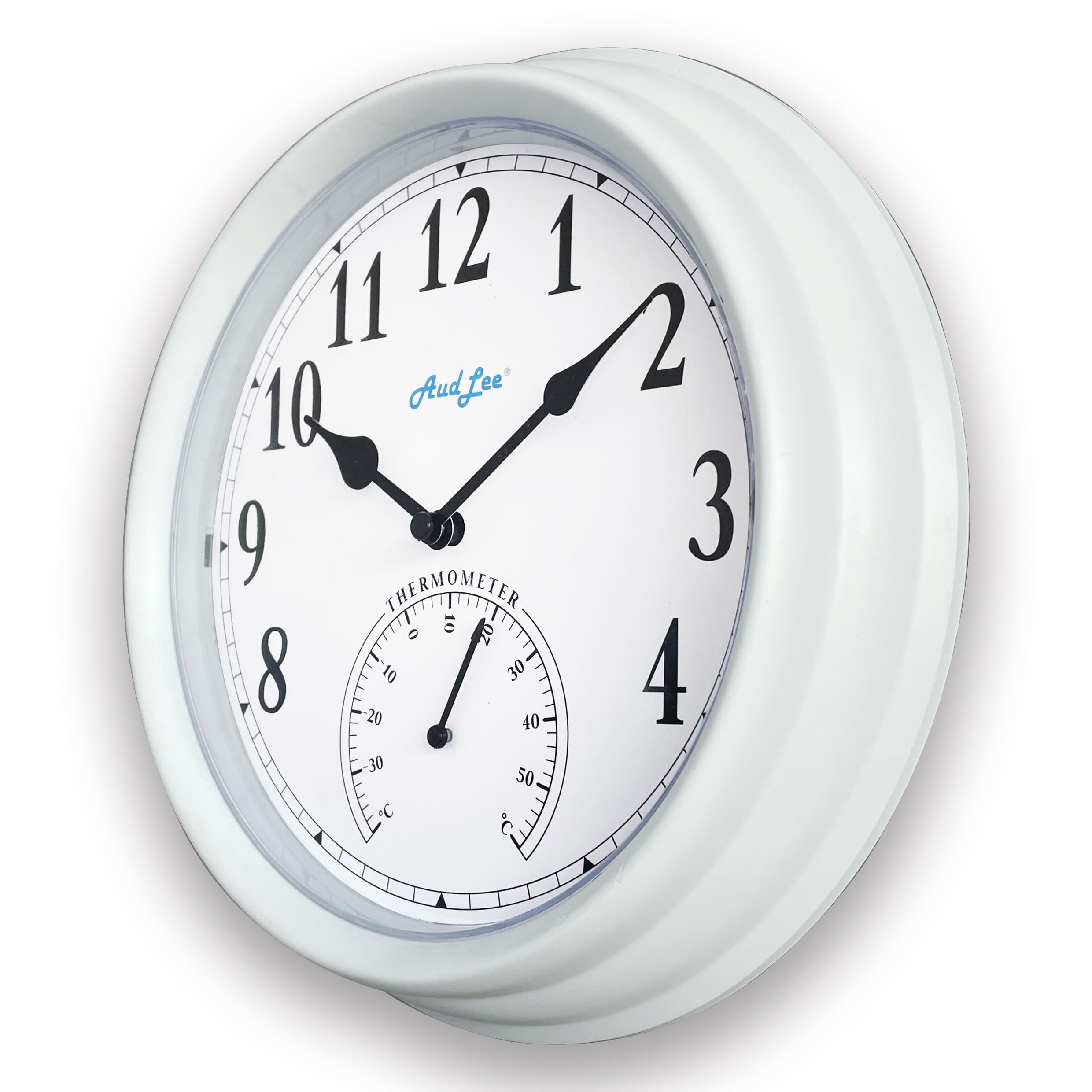Audlee White (New) 25Cm Pololio Indoor Wall Clock With Thermometer. Battery Operated Round Clock. Decorative Clock For Home/Office, Sweep Movement (White)