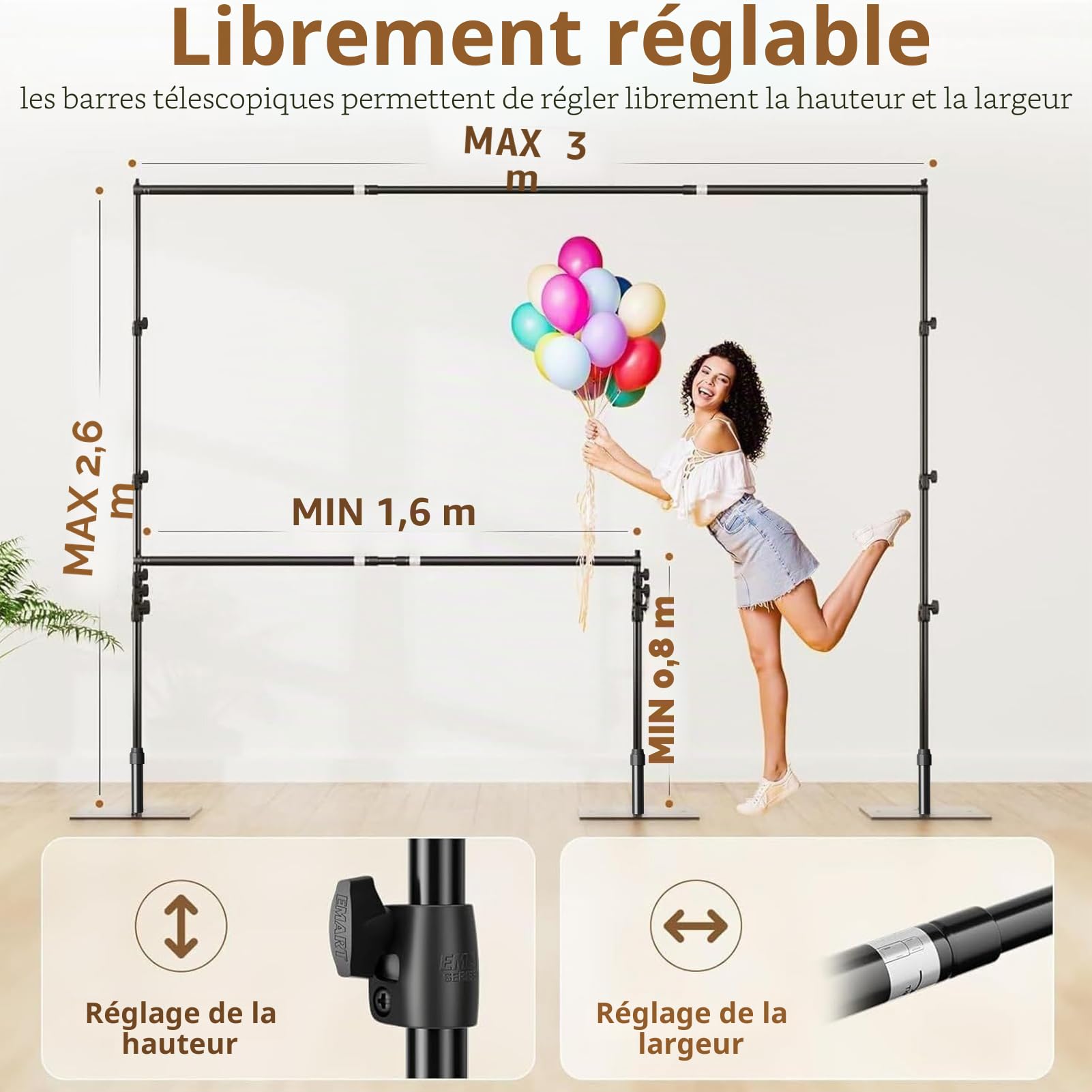 EMART Support de Toile Fond Photo 2,6x3m, Système Support Fond Photo avec Une Base en Acier Réglable pour Photographie, Fêtes, Anniversaires, Studios Vidéo