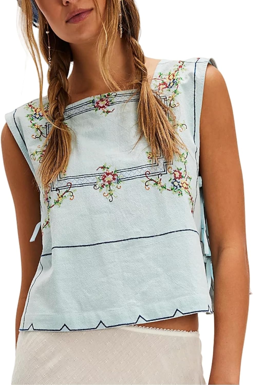 Womens Side Tie Tank Tops Summer Floral Embroidered Sleeveless Square Neck Boho Babydoll Casual Camisole Shirt