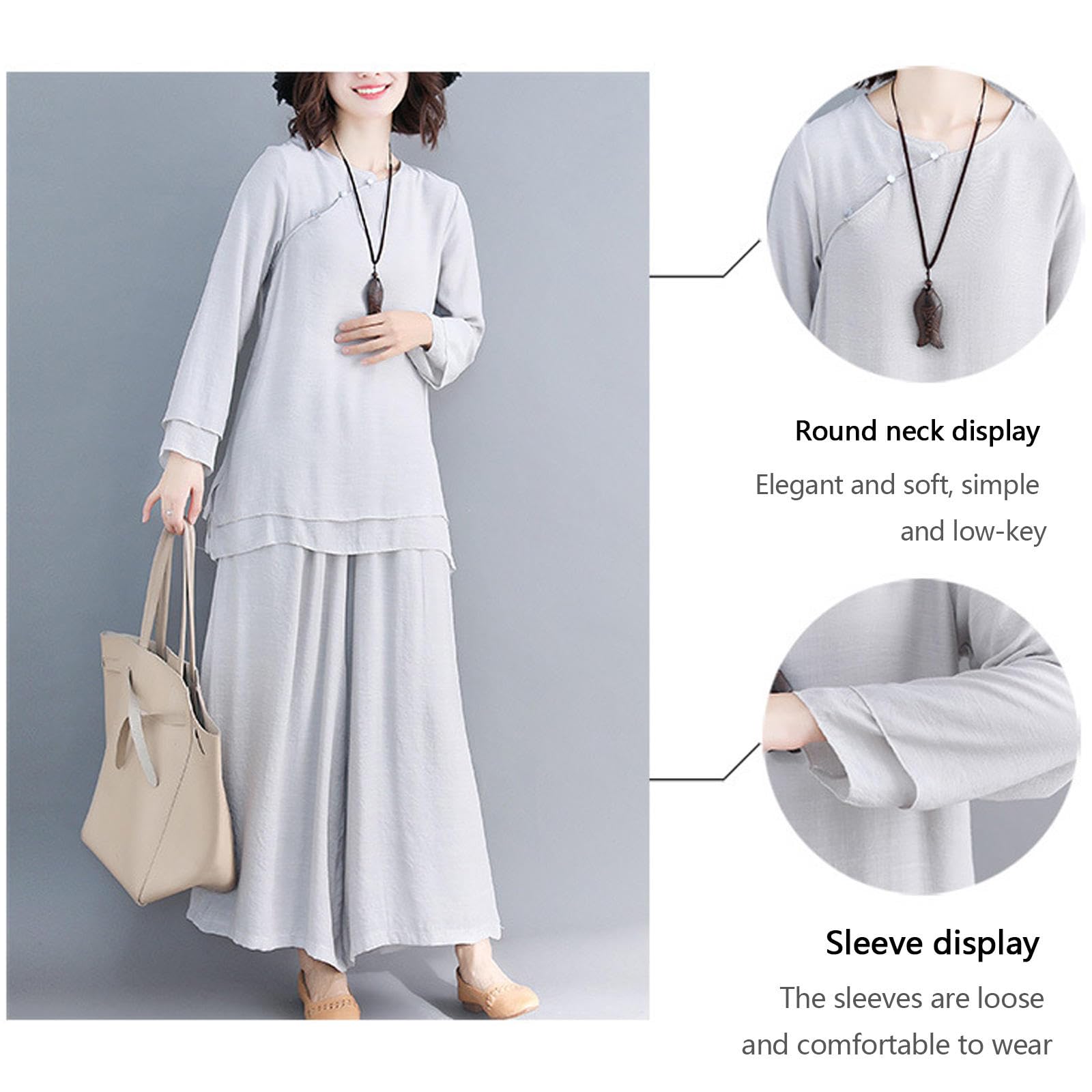 Damen Zen Meditationsanzug Baumwolle Leinen Langarm Tai Chi Anzug Morgengymnastik Uniform Kung Fu Kleidung,Grey-L
