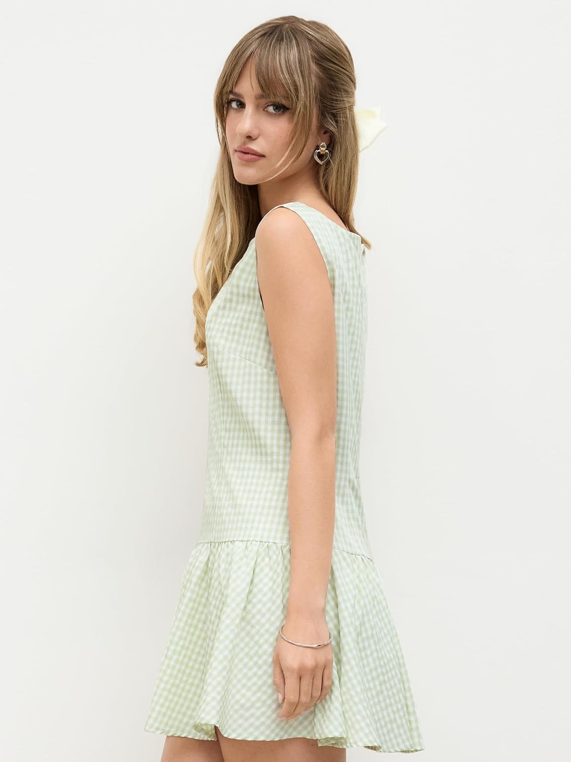 CIDER Mini Dress Gingham Ruffle Hem Low Waist Boat Neck Sleeveless Casual Dresses for Women A Line Dress - Image 2