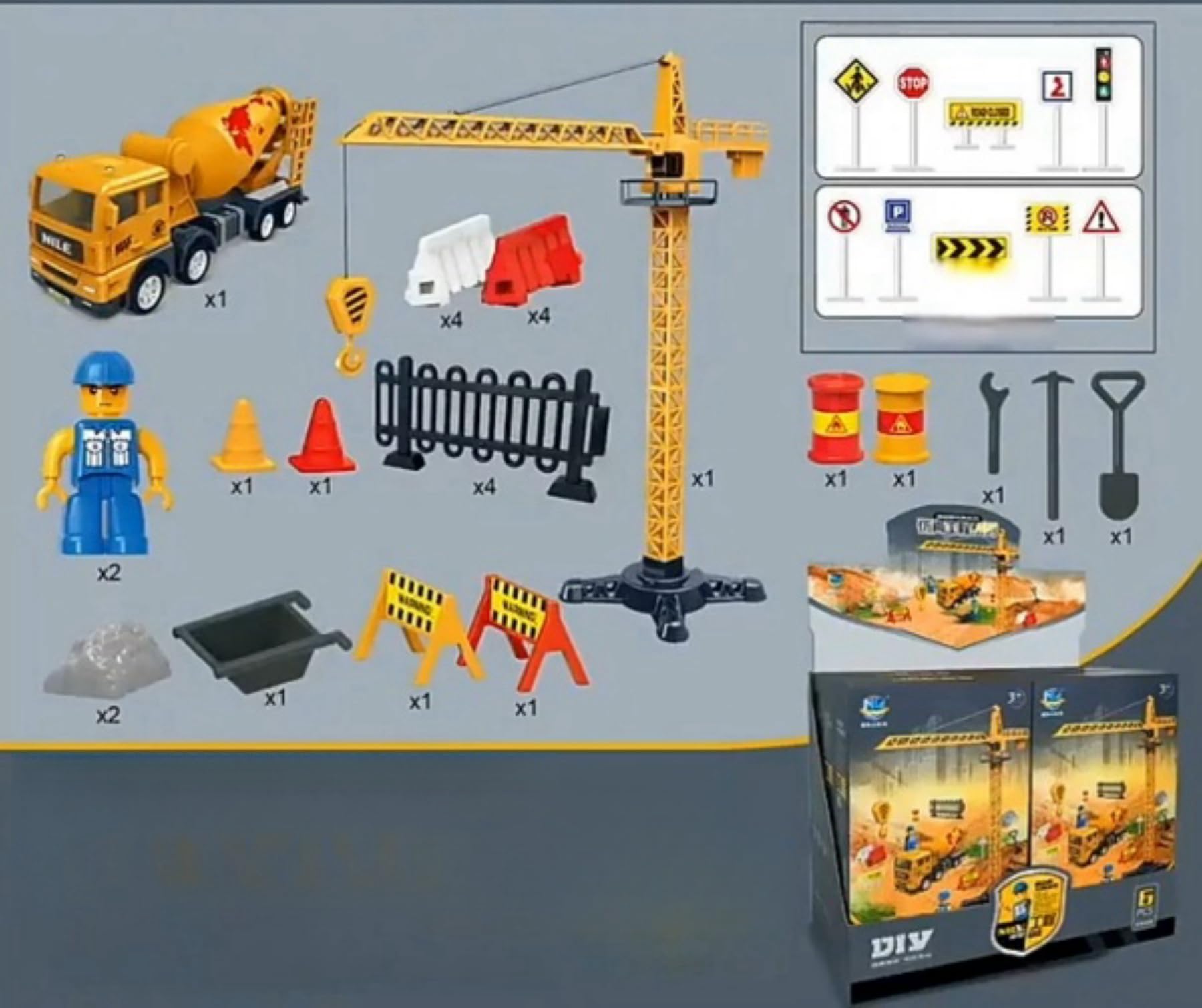 AptoFun Construction Vehicle Series Crane (37 * 41.5cm) + Push and Go. Mixer Truck (16,4 * 7,6 * 4,8cm) with 2* Workers with Tools and Various Signs