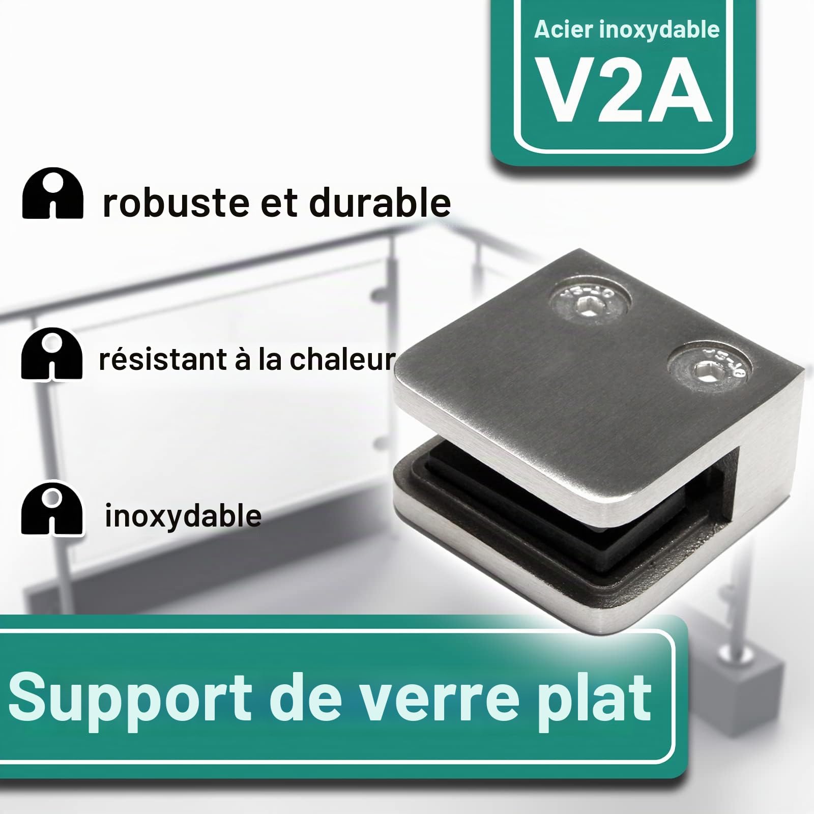 PRIOstahl Lot de 4 supports de serrage pour verre 45 x 45 x 26 mm Raccord : plat pour verre 8 mm Support de plaque de verre pour garde-corps Rampe d'escalier en acier inoxydable V2A