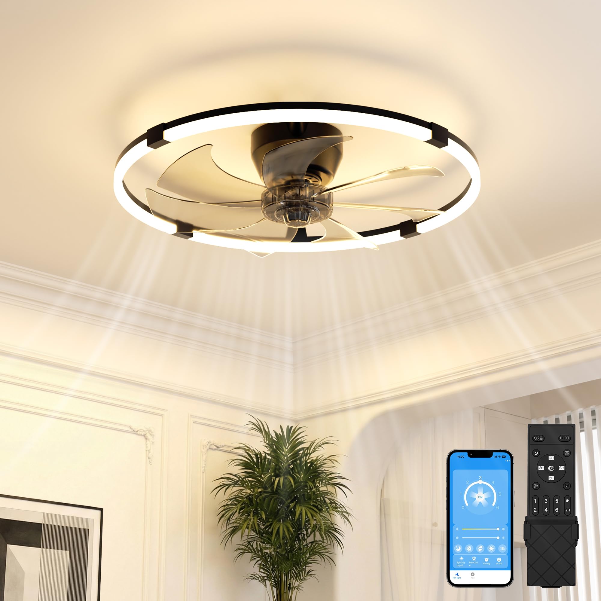 Photo 1 of ***MISSING HARDWARE*** VOLISUN Low Profile Ceiling Fan with Lights and Remote, 23.6in Bladeless Ceiling Fans with Light Flush Mount, Dimmable Modern LED Fan Light, Black Fandelier Ceiling Fans for Bedroom,Living Room