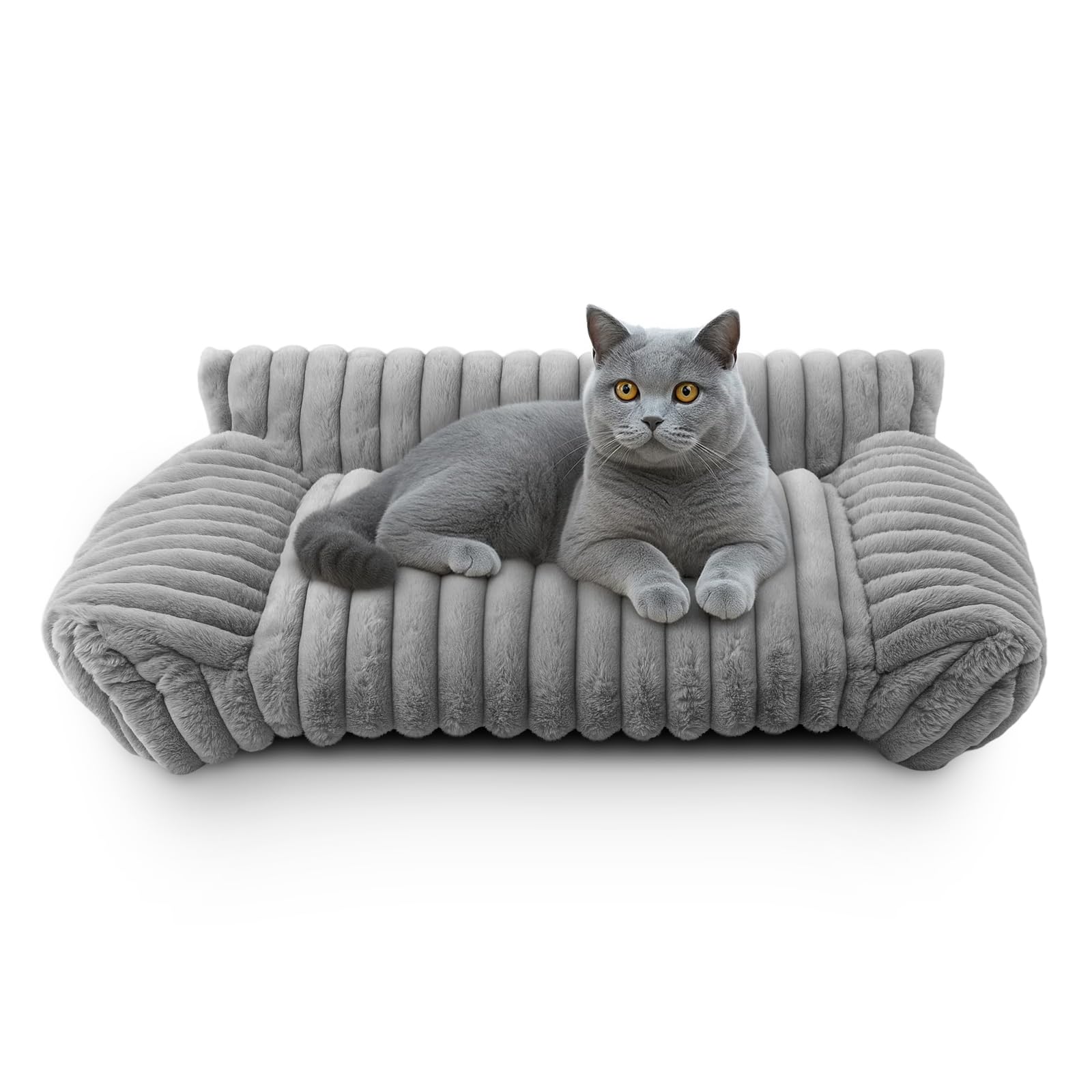 BREEZENEST Soft Plush Pet Sofa Bed for Cats & Small Dogs – Cozy Raised Cushion with Removable Cover, Non-Slip Bottom – Ideal for Indoor Lounging & Resting (Grey)