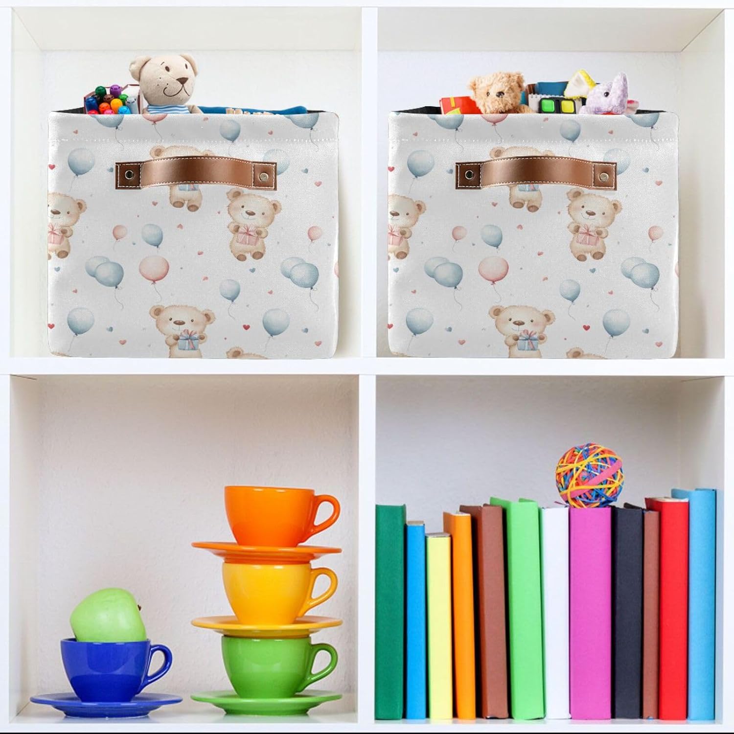 Foldable Storage Basket with Handles Gift Bear Ball Pattern Fabric Kitchen Baskets Open Home Storage Bins Boxes Organizer Bag for Baby Cloth Pet Toy Book Shelf Closet Baskets 2 Pcs