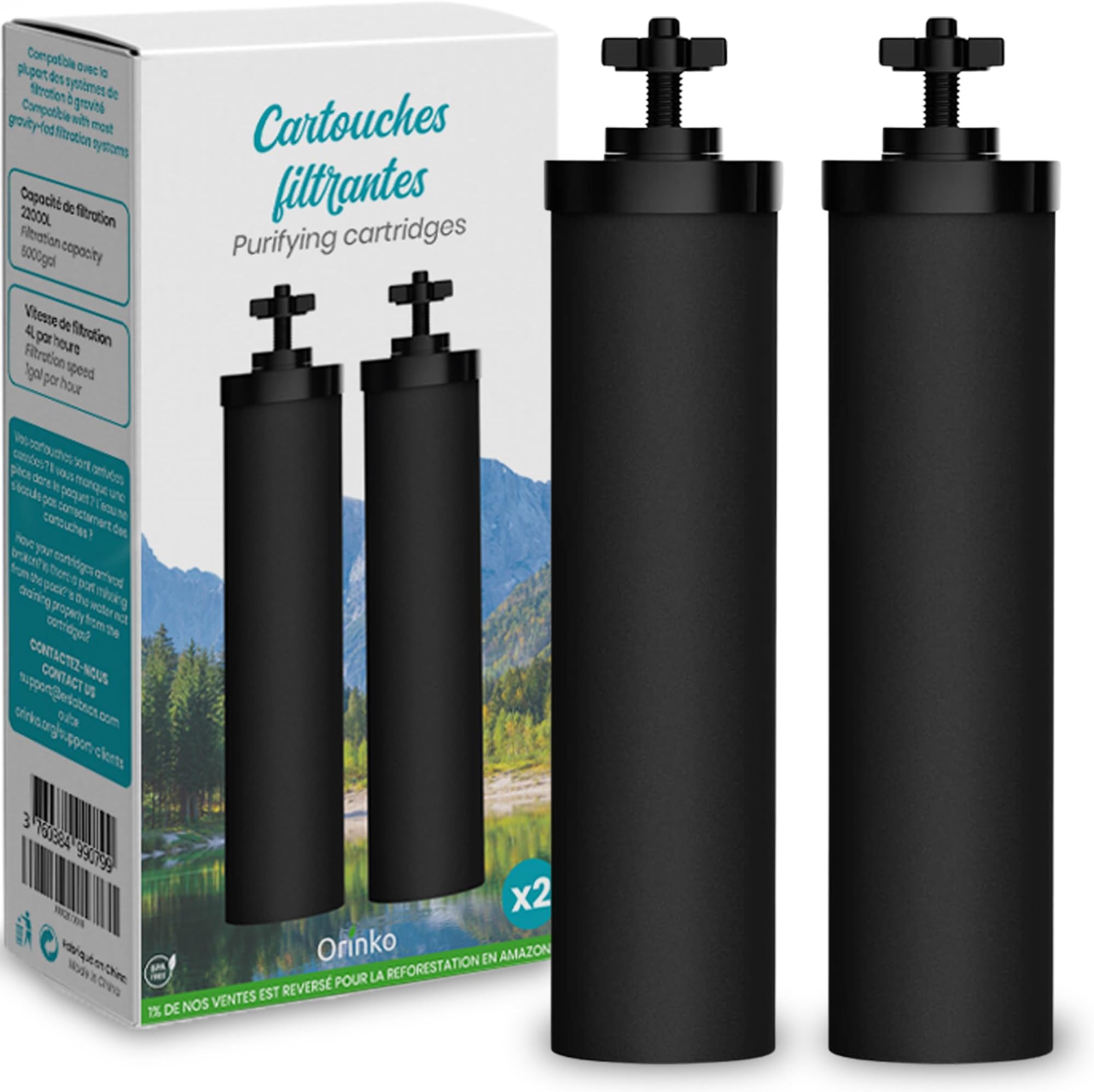 ORINKO® Gravity Water Filter Cartridges x2 - High Performance Activated Carbon and Ceramic Replacement for Berkey Compatible Systems - Long Lasting Water Purification Elements for Gravity Fed Filters