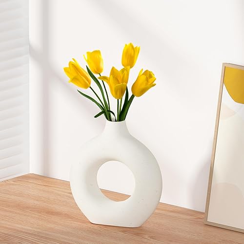 Miniatura 2 de Jarrón bohemio de cerámica blanca, jarrón Dount para pampas, estilo minimalista nórdico, jarrones de flores mate para granja, sala de estar, mesa,