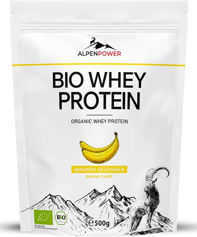 AlpenPower BIO Whey Protein Banana taste 500g - 100% natural ingredients - No additives - Made from the best organic alpine milk - High quality CFM protein powder