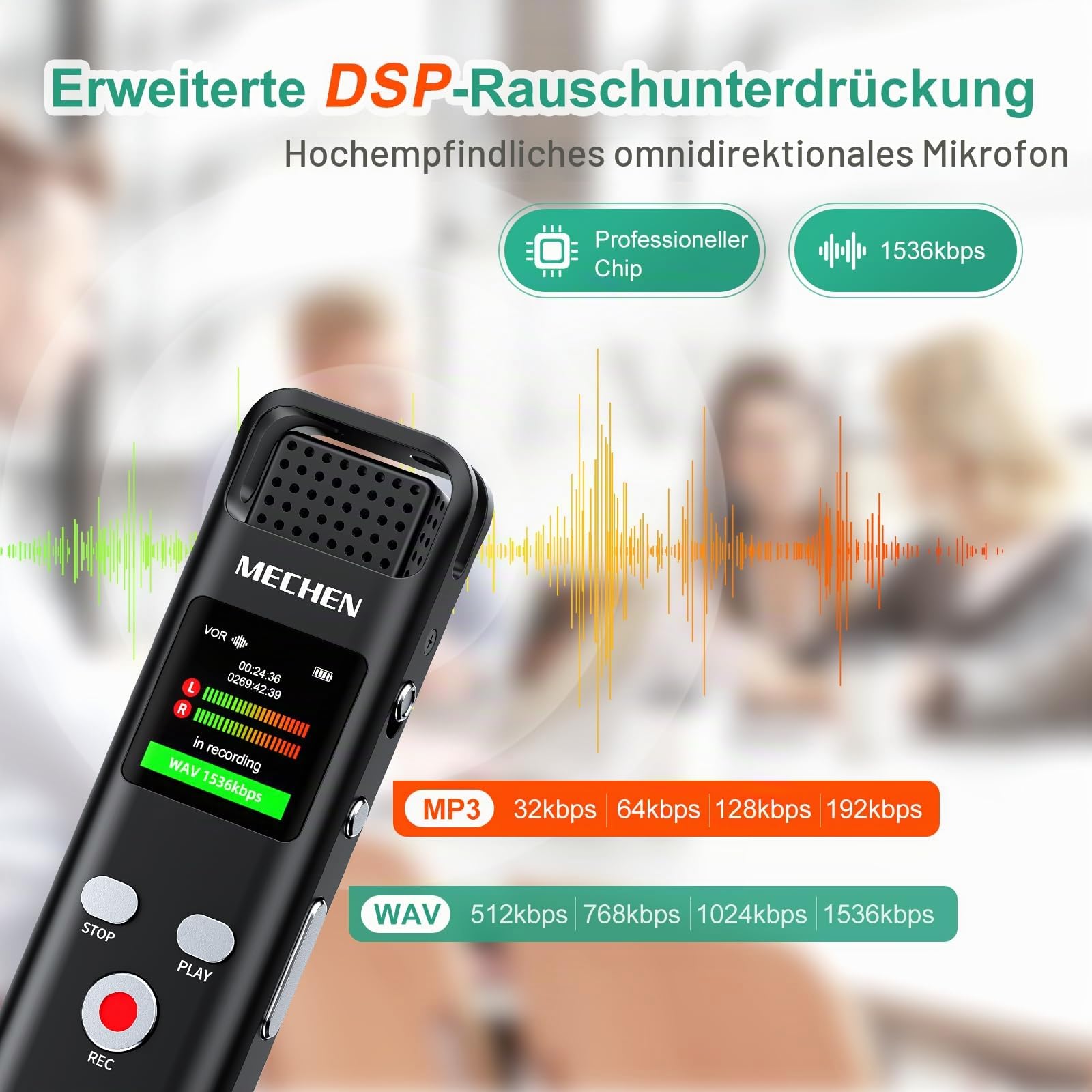 MECHEN 128GB Digitales Diktiergerät, 1536kpbs Voice Recorder (V02-A1)