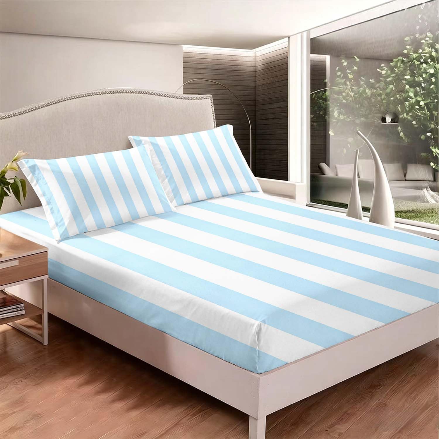 Drap Housse 180x200 cm Rayures Bleues 3D Drap-Housse Rayures Draps Housses Microfibre 2 Personnes avec 2 Taie d'oreillers pour Matelas Épais XCW6118