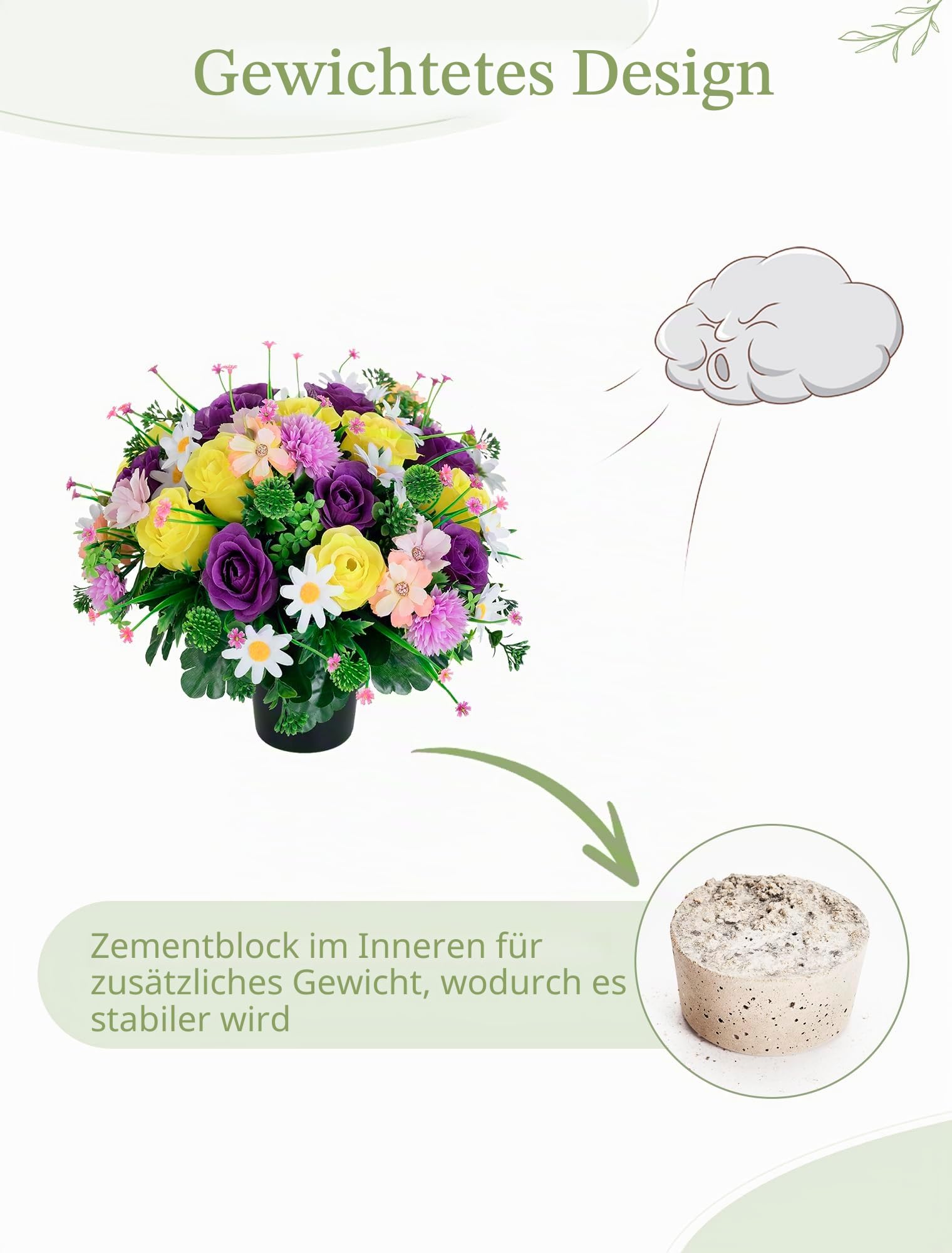 Künstliche Blumen im Topf für Grabschmuck Deko, Lila Gelb Rosen