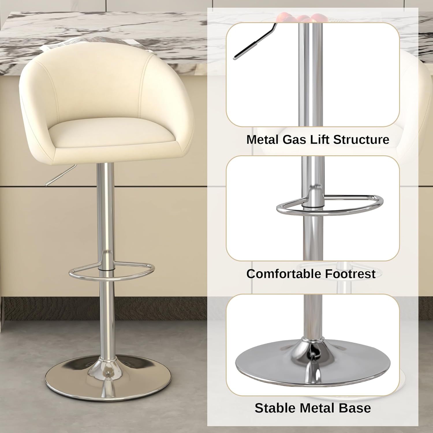 Bar Stools Set of 4, Modern Velvet Swivel Barstools Adjustable Counter Height Island Chair with Silver Metal Base Footrest for Home Kitchen Pub, Beige