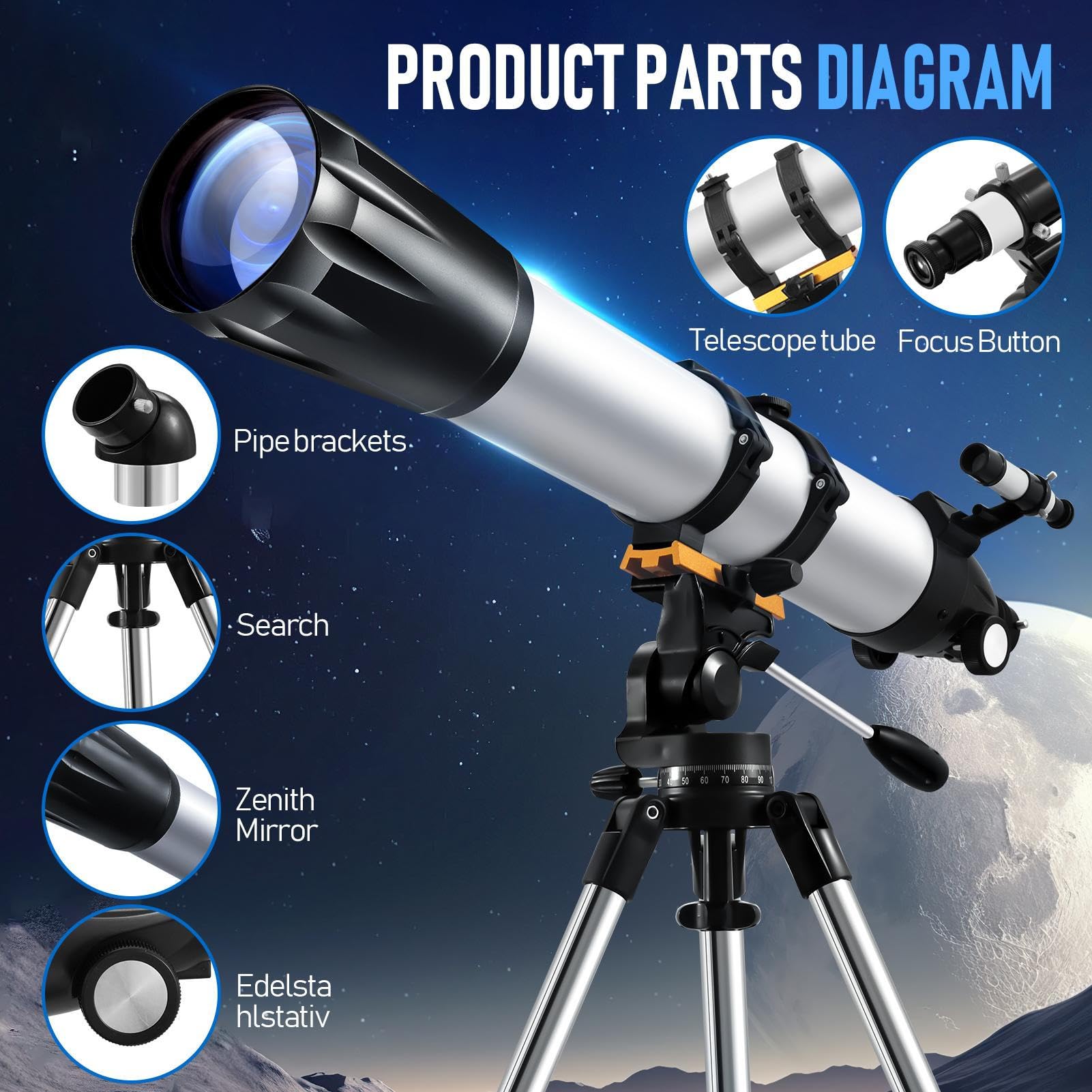 Telescopio de Alta Potencia, telescopio de Longitud Focal de 900 mm para niños, Aumento 36X-675X, telescopios catadióptricos portátiles para astronomía, Principiantes, observación del Planeta
