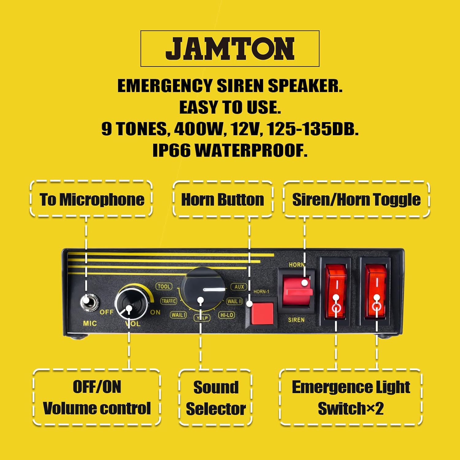 12V 400W Police Siren 9 Tones Warning Emergency Siren PA System with Handheld Microphone - 2×Black Steel Speaker Horn