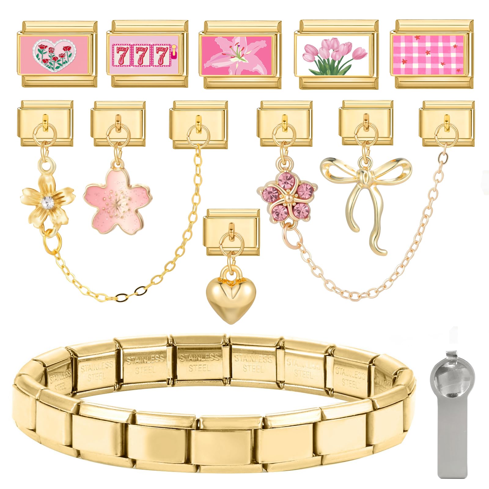 Italian Charm Bracelet Set, DIY Abnehmbar Titanstahl Module für Italienische Armbänder, Italian Charms Armband Set Geschenk für Herren Damen Jungen Mädchen