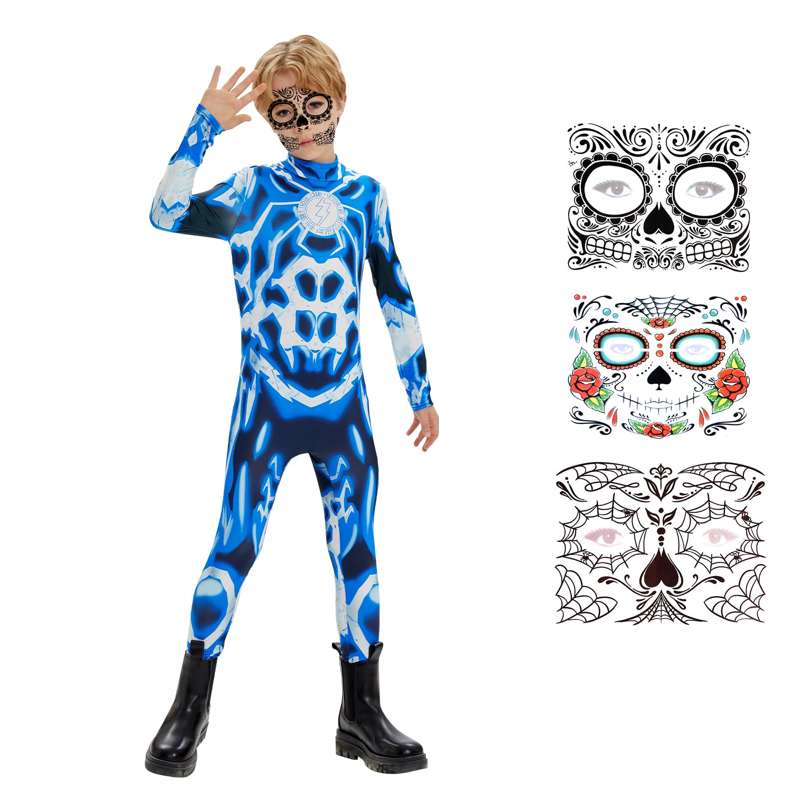 Herenear Child Skin Skeleton Costume, Child Halloween Skeleton Bodysuit, Unisex Halloween Costume Children's Skeleton, 3D Print Cosplay Jumpsuit Skeleton Outfit for Girls Boys 110-130