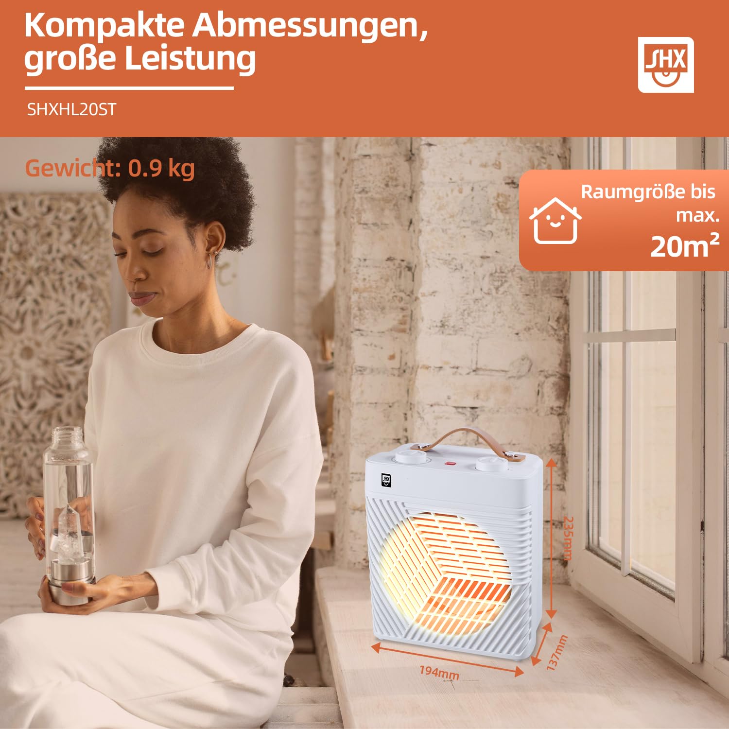 Termoventilatore con termostato, 2000 W, SHXHL20ST, piccolo e maneggevole, portatile, protezione contro il ribaltamento e il surriscaldamento