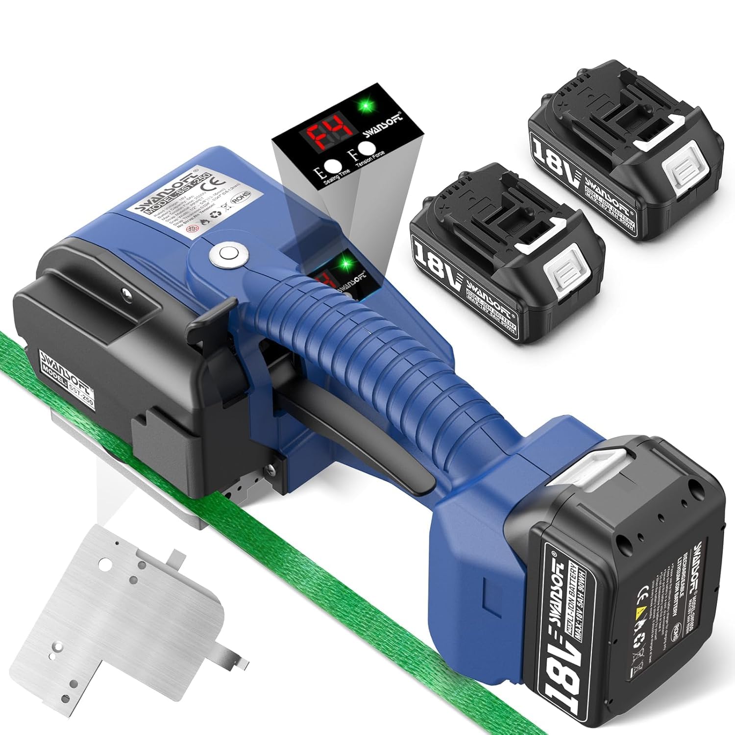 SWANSOFT Máquina de flejado eléctrica para flejes PP/Pet de 13-16 mm con Pantalla Digital,2500N Semi Herramienta automática con 2 baterías de 5000mAh - para Cajas de Embalaje y palés