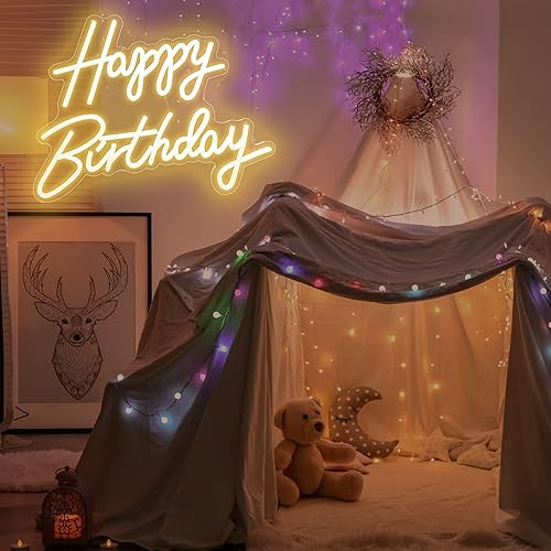 Miniatura 2 de Aslanka Letrero de neón de feliz cumpleaños, letreros de neón para decoración de pared de dormitorio, alimentada por USB, para dormitorio, 15.7 x