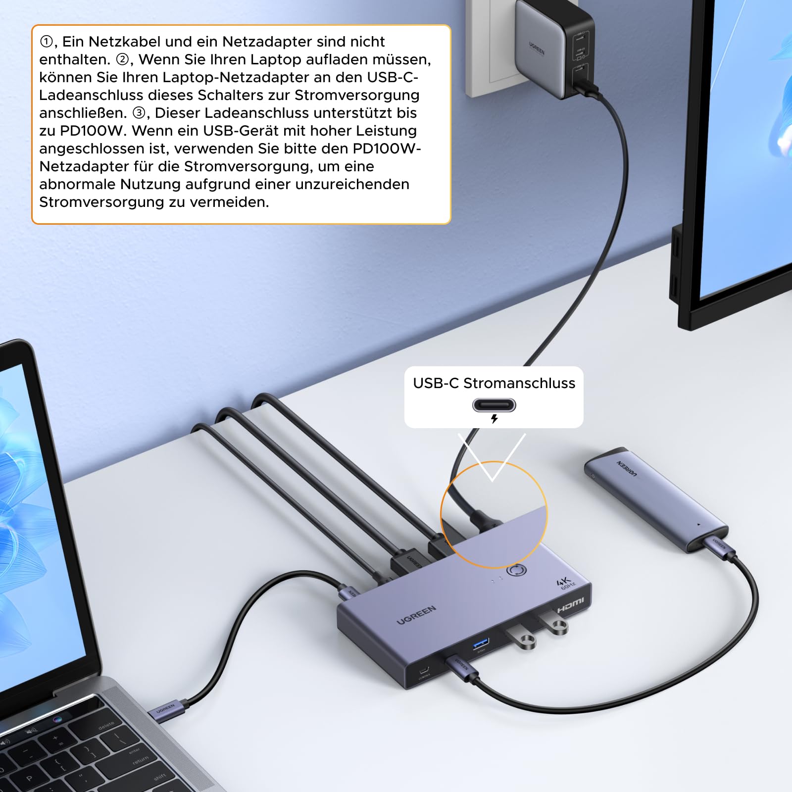 UGREEN USB C KVM Switch 4K60Hz 2 PC 1 Monitor Unterstützt EDID Verwaltung KVM Umschalter 2 In 1 Out mit 4 USB 3.0 Ports für Maus, Tastatur, Tragbare Festplatte, USB-Stick usw.