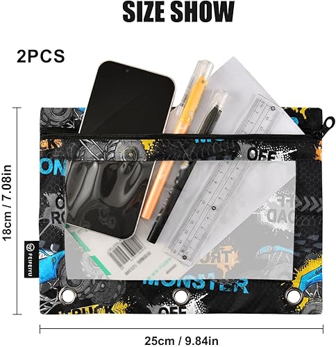 Miniatura 3 de Monster Truck - Estuche para lápices para 3 anillas, bolsillo para carpetas de lápices con ventana transparente y cremallera para almacenamiento de