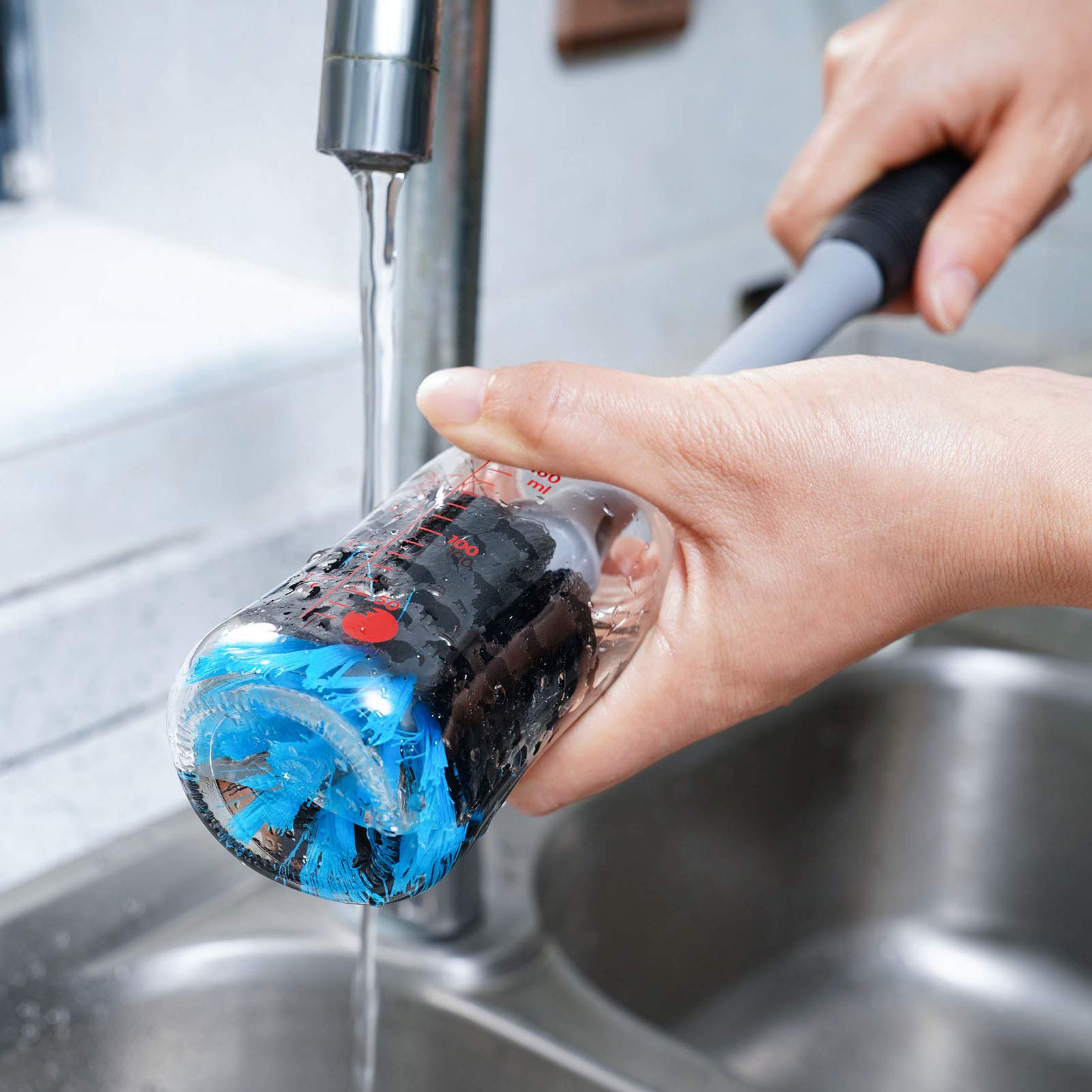 MOSOLAN 2-in-1 Reinigungsbürste für Flaschen und Strohhalme, Langer Griff, Wasserflaschenreinigungsbürste für Sportflaschen, Babyflaschen, Becher, Strohhalme, 2 Stück