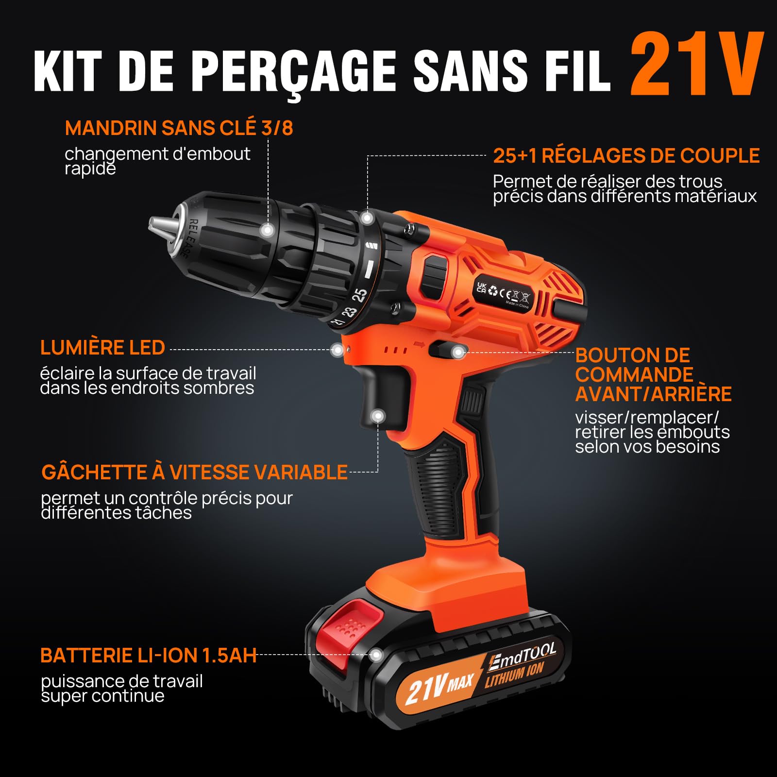 Accuboormachine 21v Hamer-boormachine met lithiumbatterijen, 2 snelheden, 1 snellere oplader, compacte tas Gereedschap voor hout Bakstenen muren Metaal