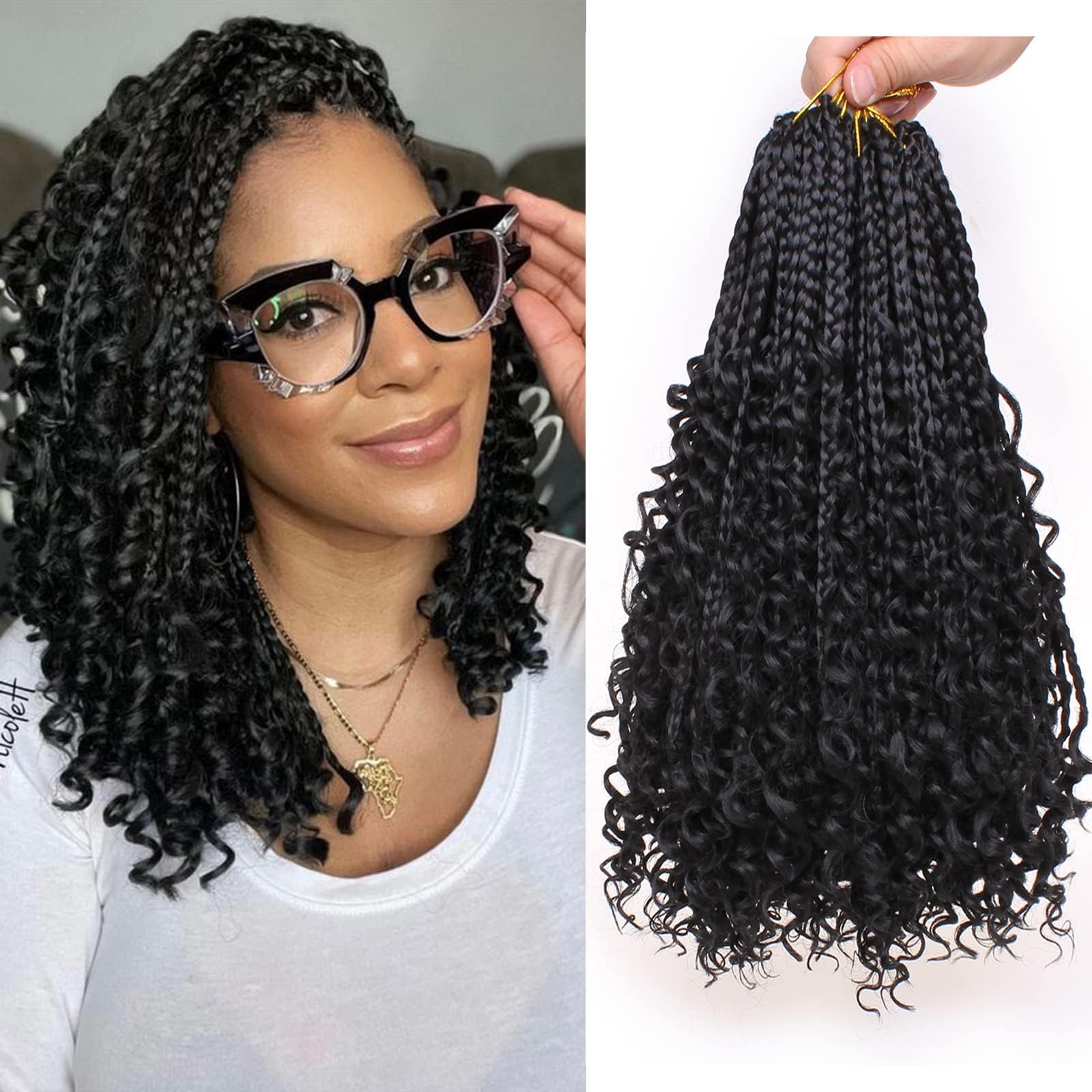 COOKOO 14 Inch Goddess Box Braids Crochet Hair for Black Women 8 Packs Synthetic Knotless Fluffy Curly Ends Twist Crochet Hair Pre Looped Bohemian Butterfly Braiding Hair 128 Strands 1B#