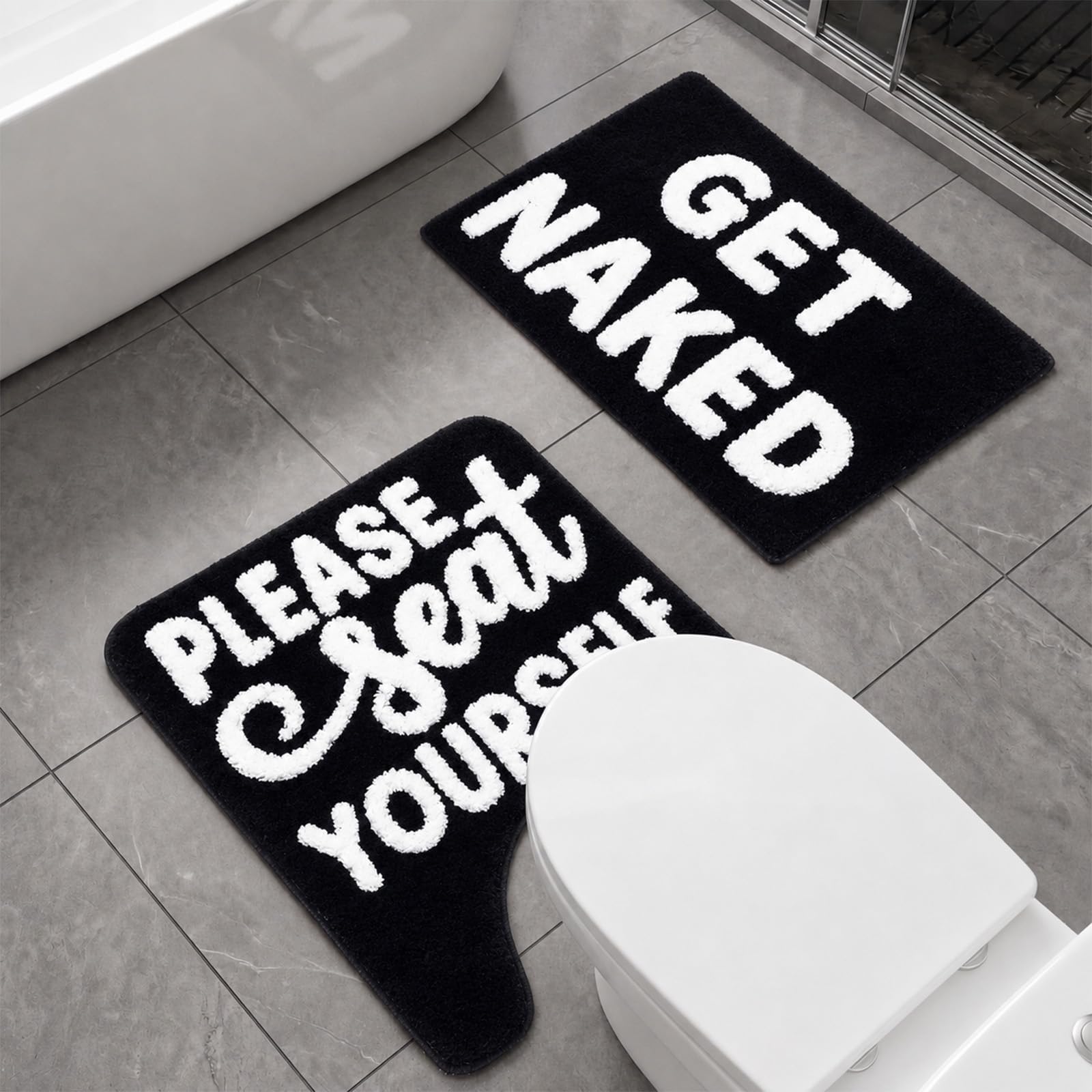 Drydiet 2 Pack Toilet Rugs Set U-Shaped Contour Mat Rectangular Mat, Non Slip Soft Absorbent Bathroom Rugs, Machine Wash, TPR, Fits Toilet Base(24" X 20" Plus 24" X 16",Naked Please,Black White) โ image 1