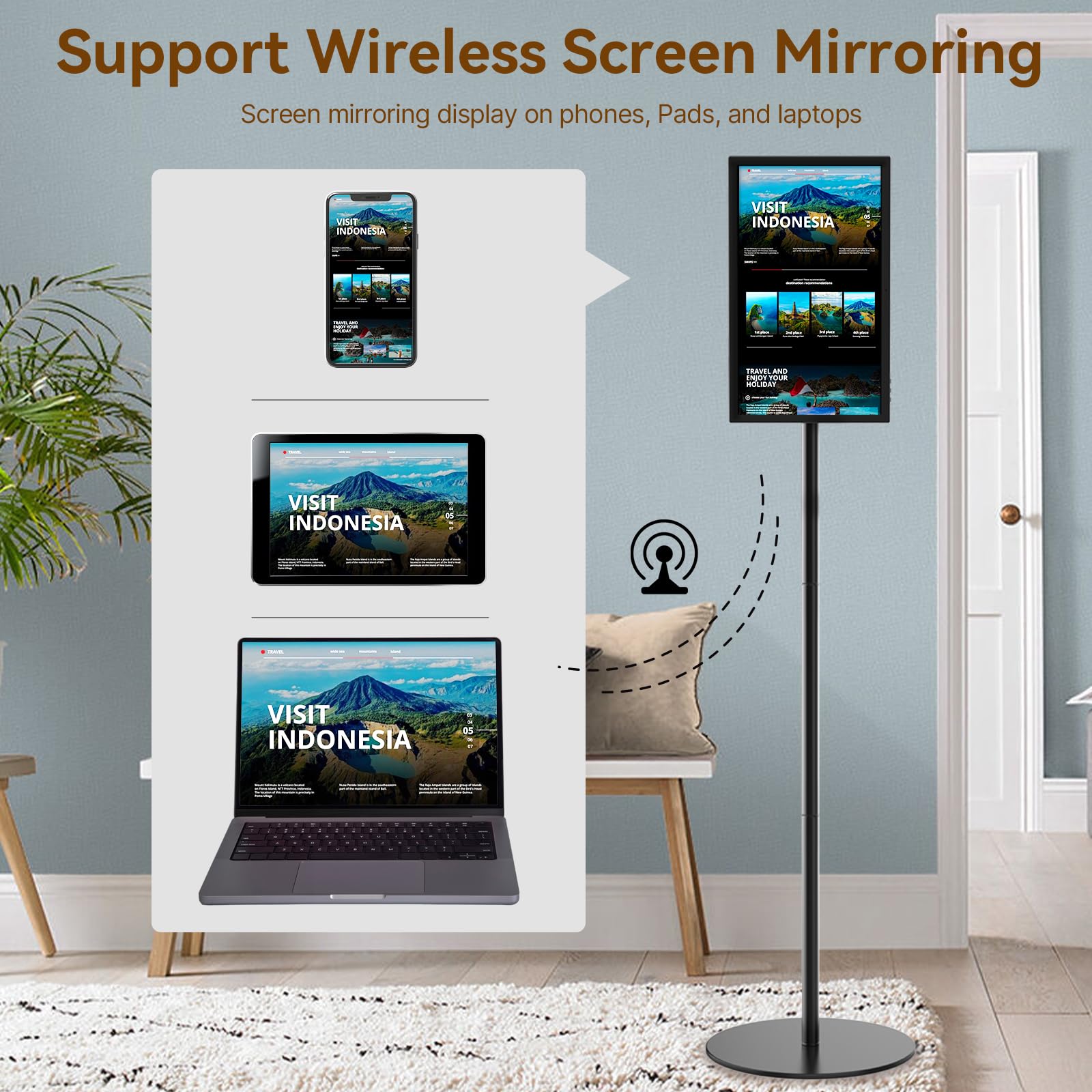 Pantallas publicitarias de señalización digital de 15.6 pulgadas con soporte ajustable, monitor de pantalla multitáctil capacitivo con pantalla de cámara que refleja la gestión de la nube CMS,