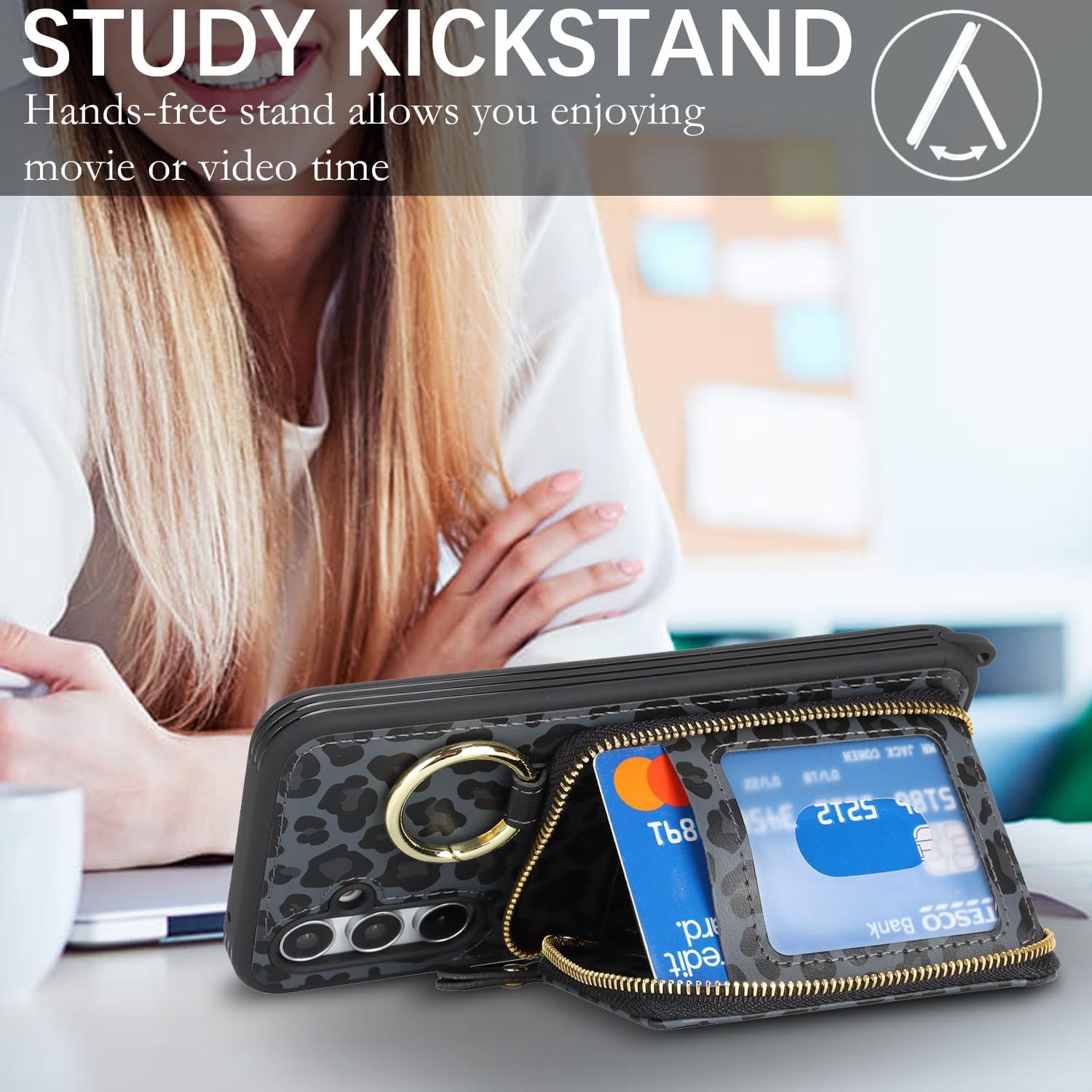 Crossbody Wallet Case for Galaxy A54 5G, PU Leather Zipper Handbag Purse Flip Cover, Kickstand Folio Case with Card Slots Holder Wrist Strap Lanyard -Black Leopard