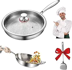 Frigideira de titânio puro, padrão martelado de titânio para cozinhar, resistente a arranhões, antiaderente, adequada para máquina de lavar louça, frigideira martelada profissional com tampa