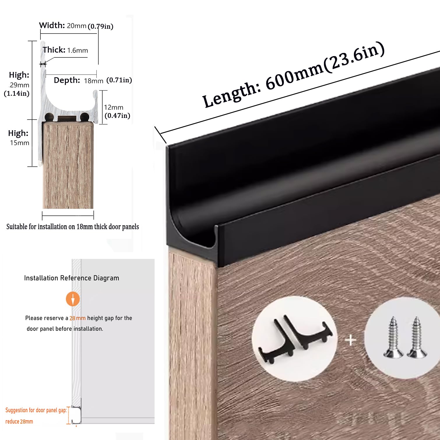 Tiradores Ocultos para Cocina Negro Tiradores Armarios,Manija Oculta de Aluminio,Manijas de Cajón Moderno con Tornillos,para Gabinetes Puerta,Personalizado,1 Pieza (Length:600mm)