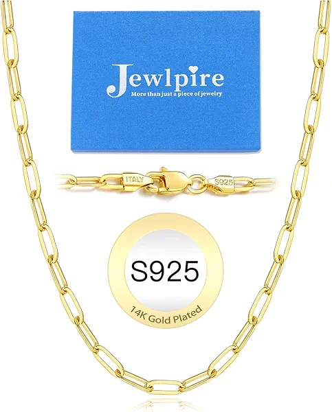 Jewlpire 14K Gold Plated 925 Sterling Silver Paperclip Chain Necklace for Women, 4mm 5mm Shiny & Sturdy Women's Chain Necklaces 16 18 20 22 24 26 Inch