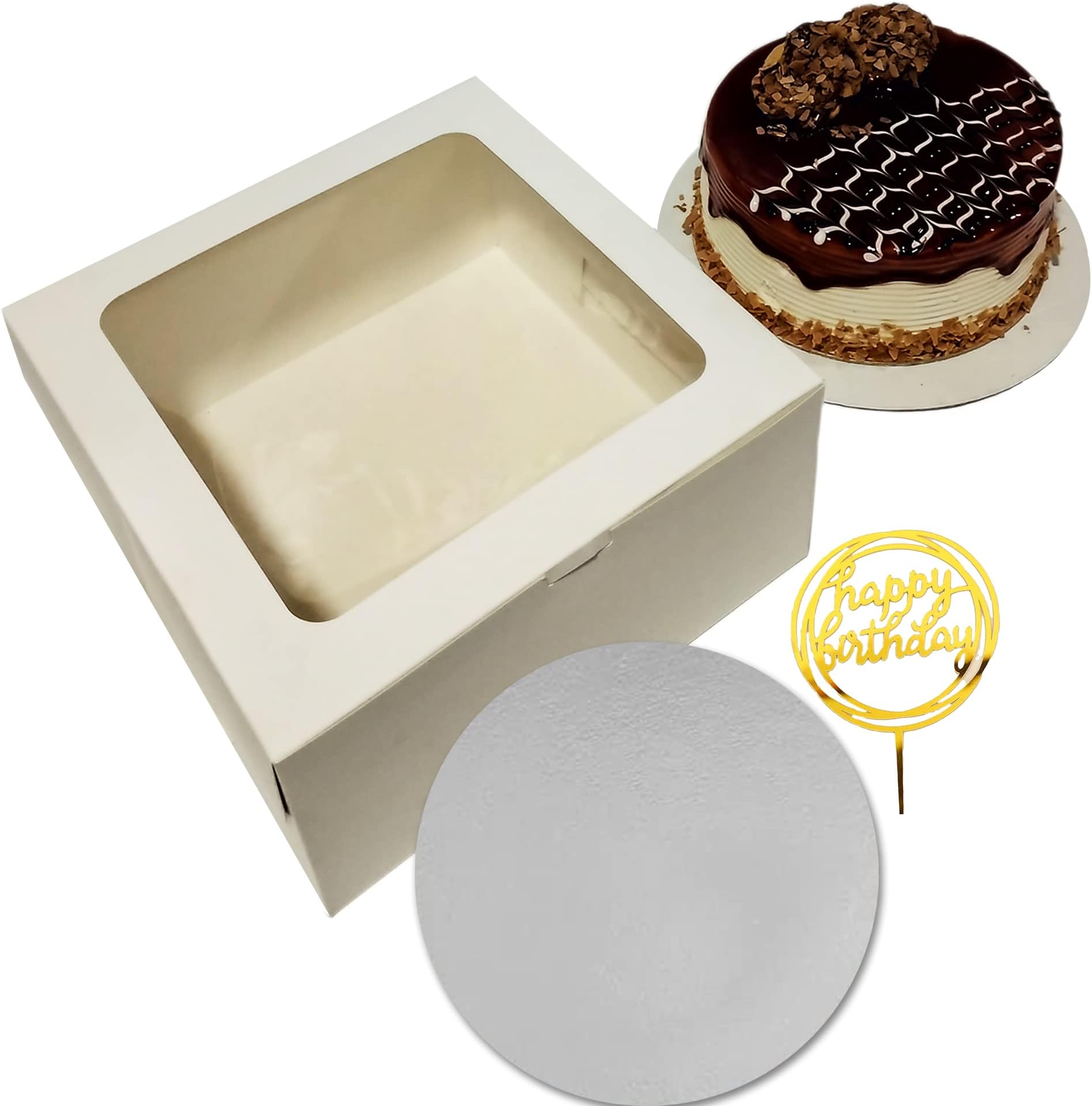 Cake Boxes 10 inch-10 inch Cake Box(10 Pcs Cake Boxes with Cake Boards 10 pcs with Happy Birthday Signs 3 pcs)-10x10x5 Cake Boxes-10 inch Cake Boxes with Window-Cajas Para Pasteles-Gift Cake Boxes
