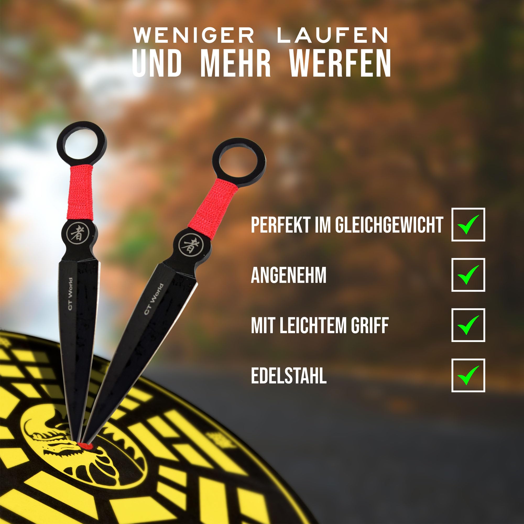 Swords and more 9-teiliges Outdoor-Messer-Set aus Edelstahl mit Zielscheibe – kompakte Campingmesser mit Gürtelscheide und rutschfestem Griff – Ideal für Outdoor, Camping & Cosplay – Schwarz