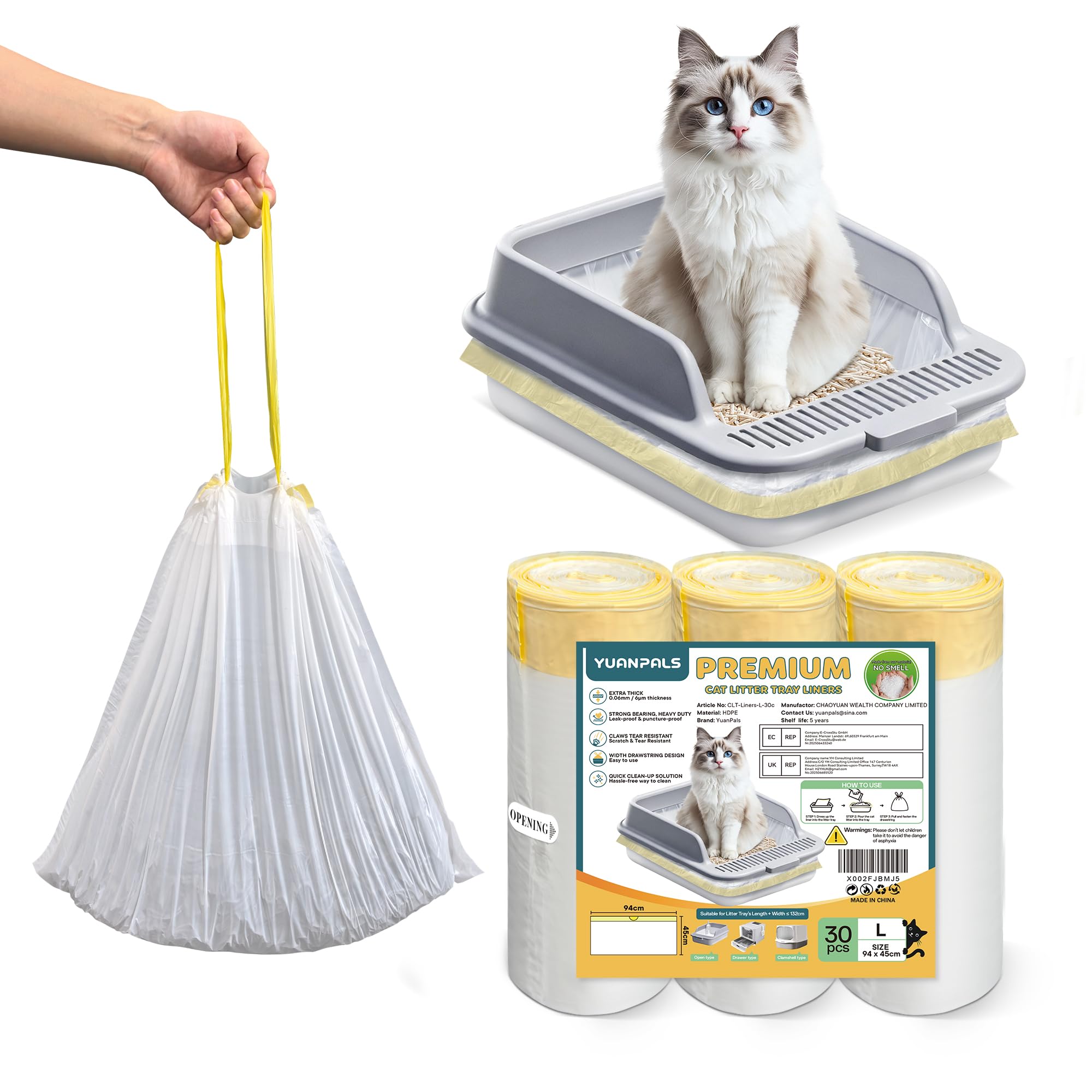 30 forros para bandeja de arena de gatos con cordones, bolsas resistentes a arañazos para caja de arena-L (94 x 45 cm)
