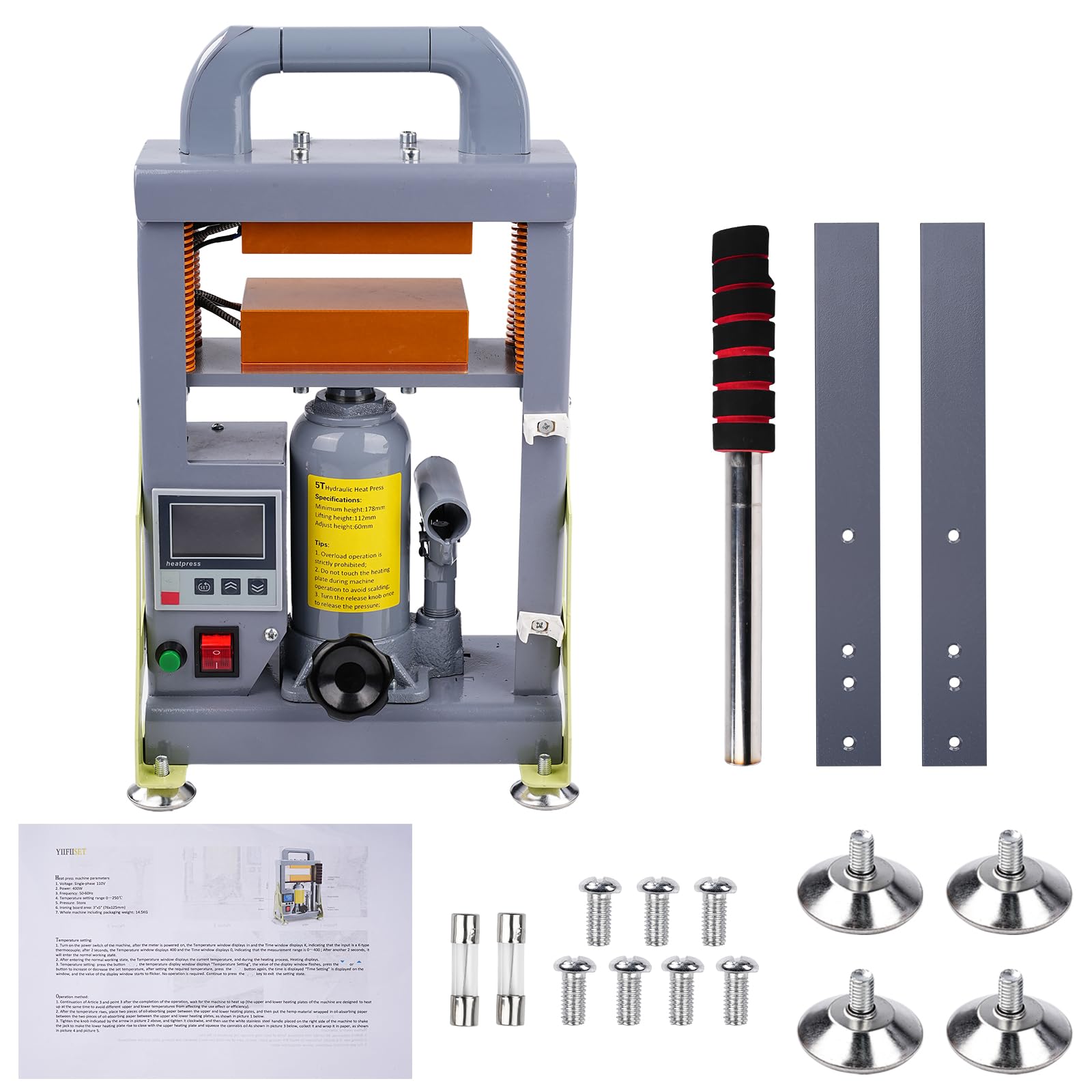 Prensa de calefacción hidráulica manual de 5 tonos, 600 W, placas de calefacción dobles, máquina de extracción de Rosin, Gris - Prensas de presión para extracción de aceite, impresión