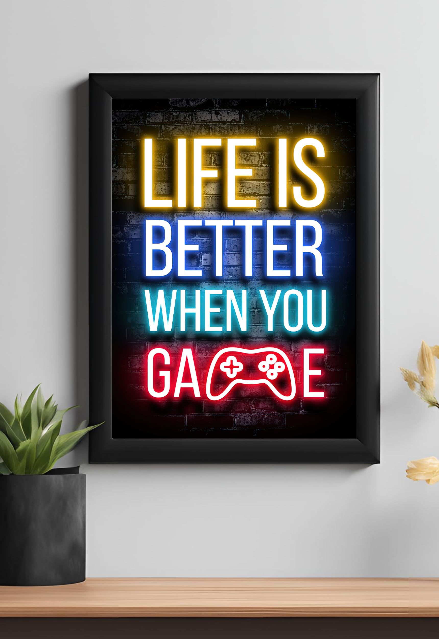 Master Flame Gaming Quotes Aesthetic Wall Art Poster for Living Room, Home & Wall Decor Frame/Frameless | Xbox Playstation Controller Neon Motivational (Gaming Life GP20, A4 FRAMED)
